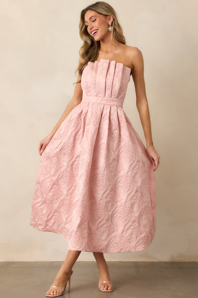 The Genevieve Blush Floral Jacquard Strapless Midi Dress The Genevieve Blush Floral Jacquard Strapless Midi Dress