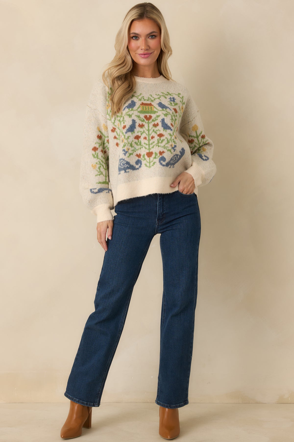 Prosperina Fablekeeper Ivory Multi Folk Art Knit Sweater