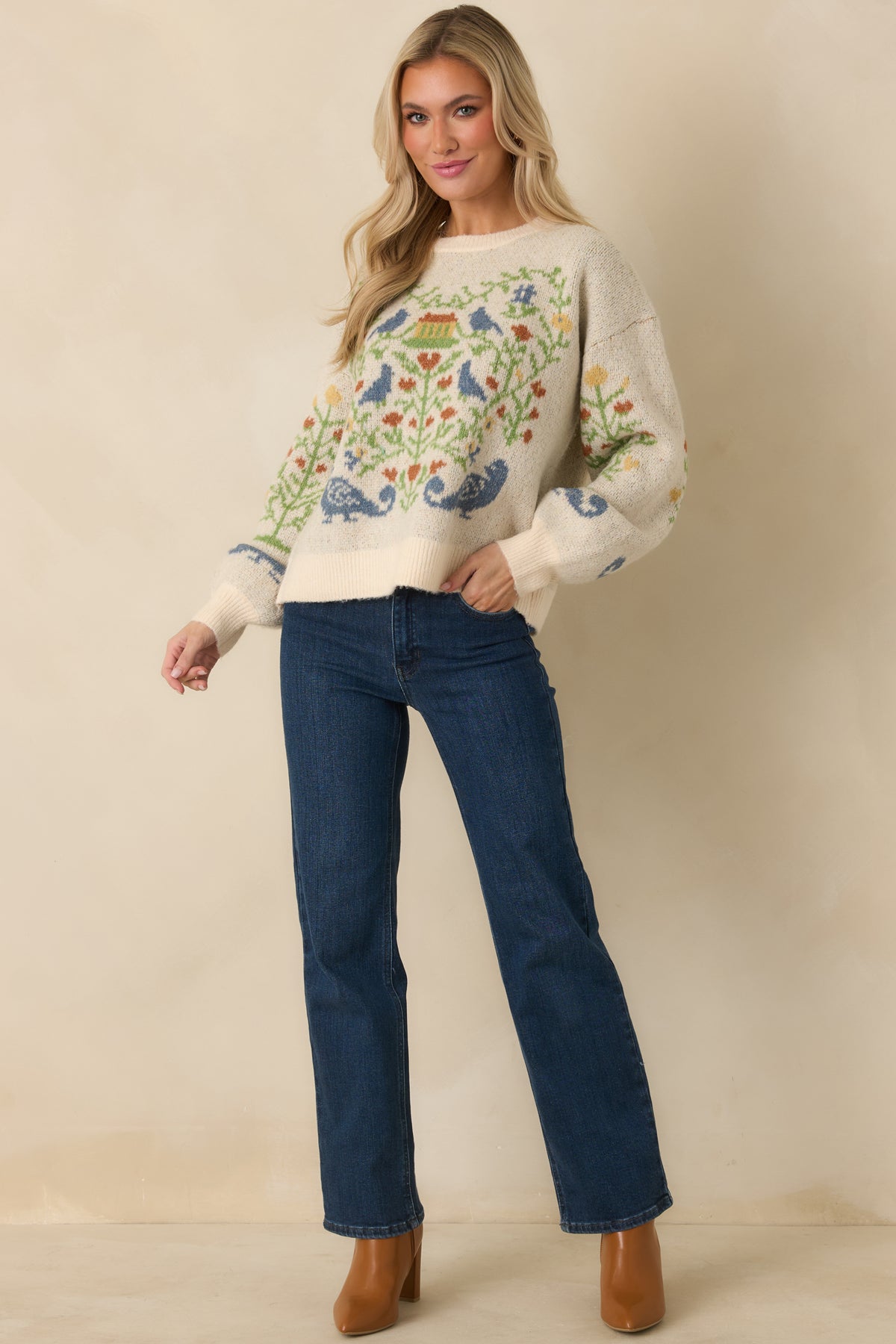Prosperina Fablekeeper Ivory Multi Folk Art Knit Sweater