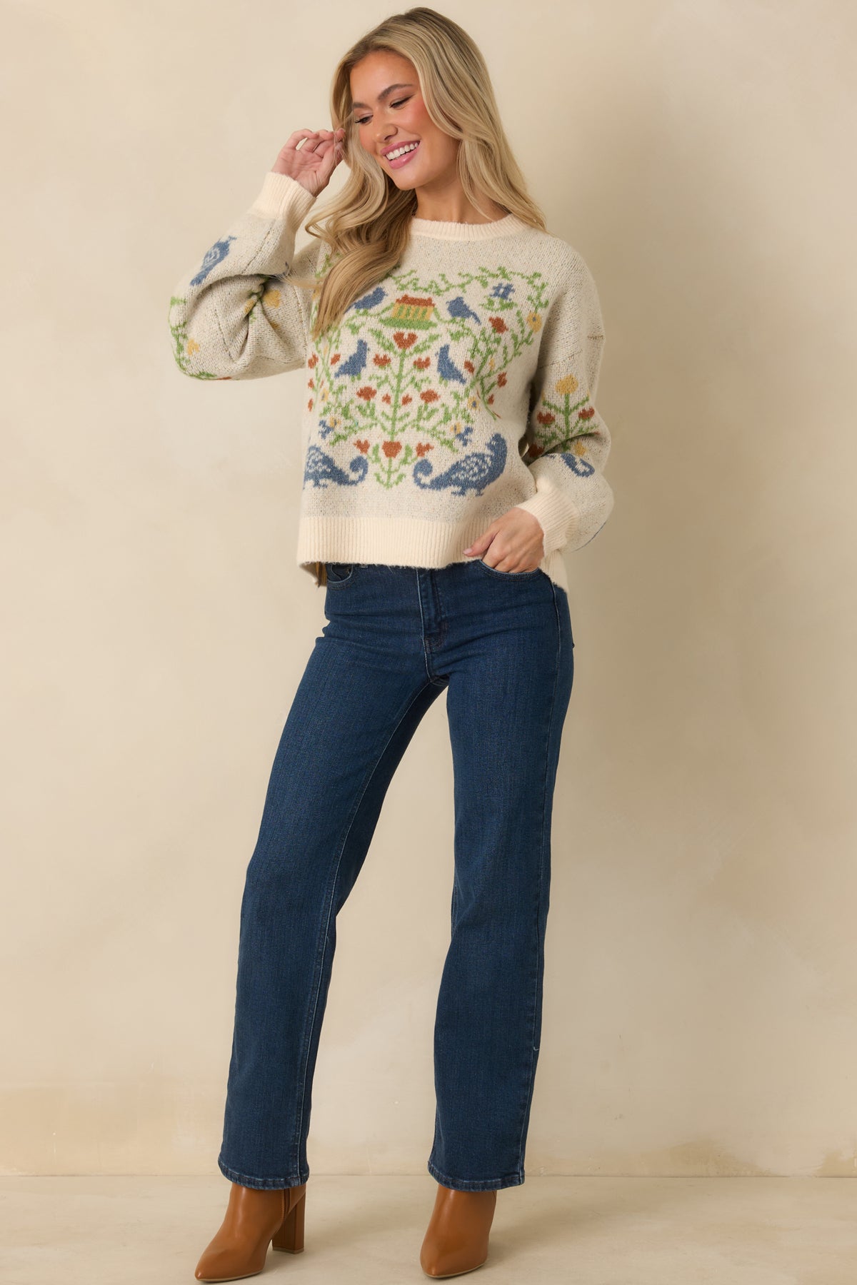 Prosperina Fablekeeper Ivory Multi Folk Art Knit Sweater