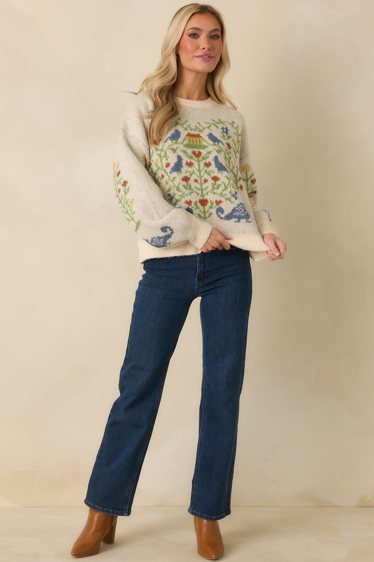 Prosperina Fablekeeper Ivory Multi Folk Art Knit Sweater