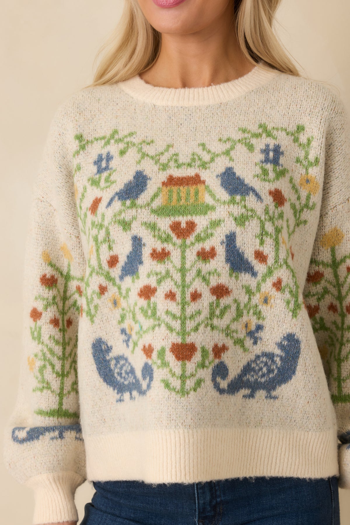 Prosperina Fablekeeper Ivory Multi Folk Art Knit Sweater