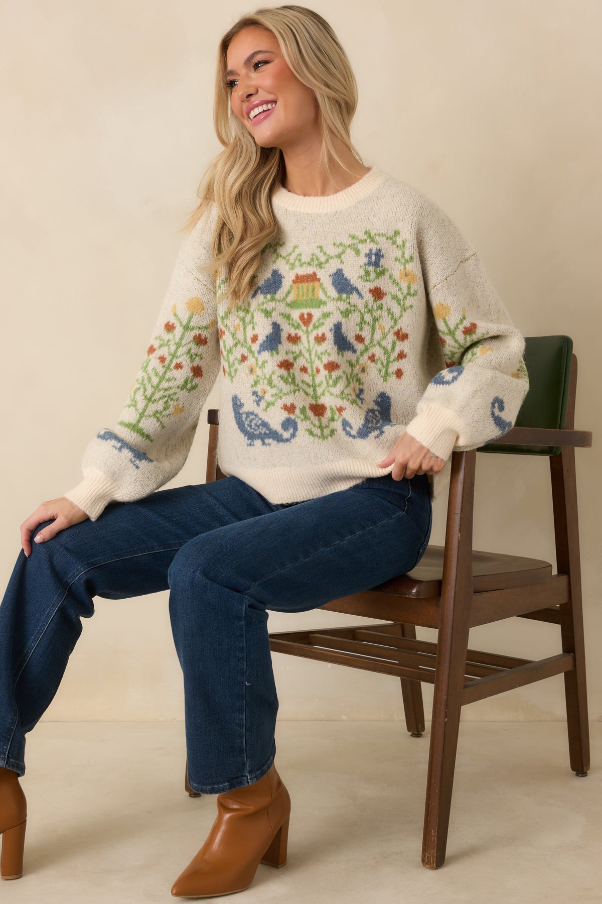 Prosperina Fablekeeper Ivory Multi Folk Art Knit Sweater