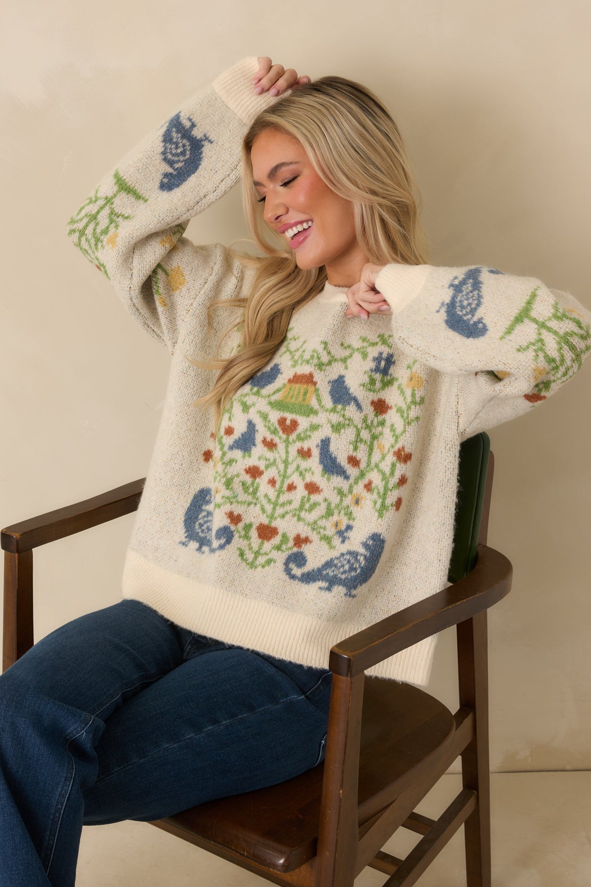 Prosperina Fablekeeper Ivory Multi Folk Art Knit Sweater