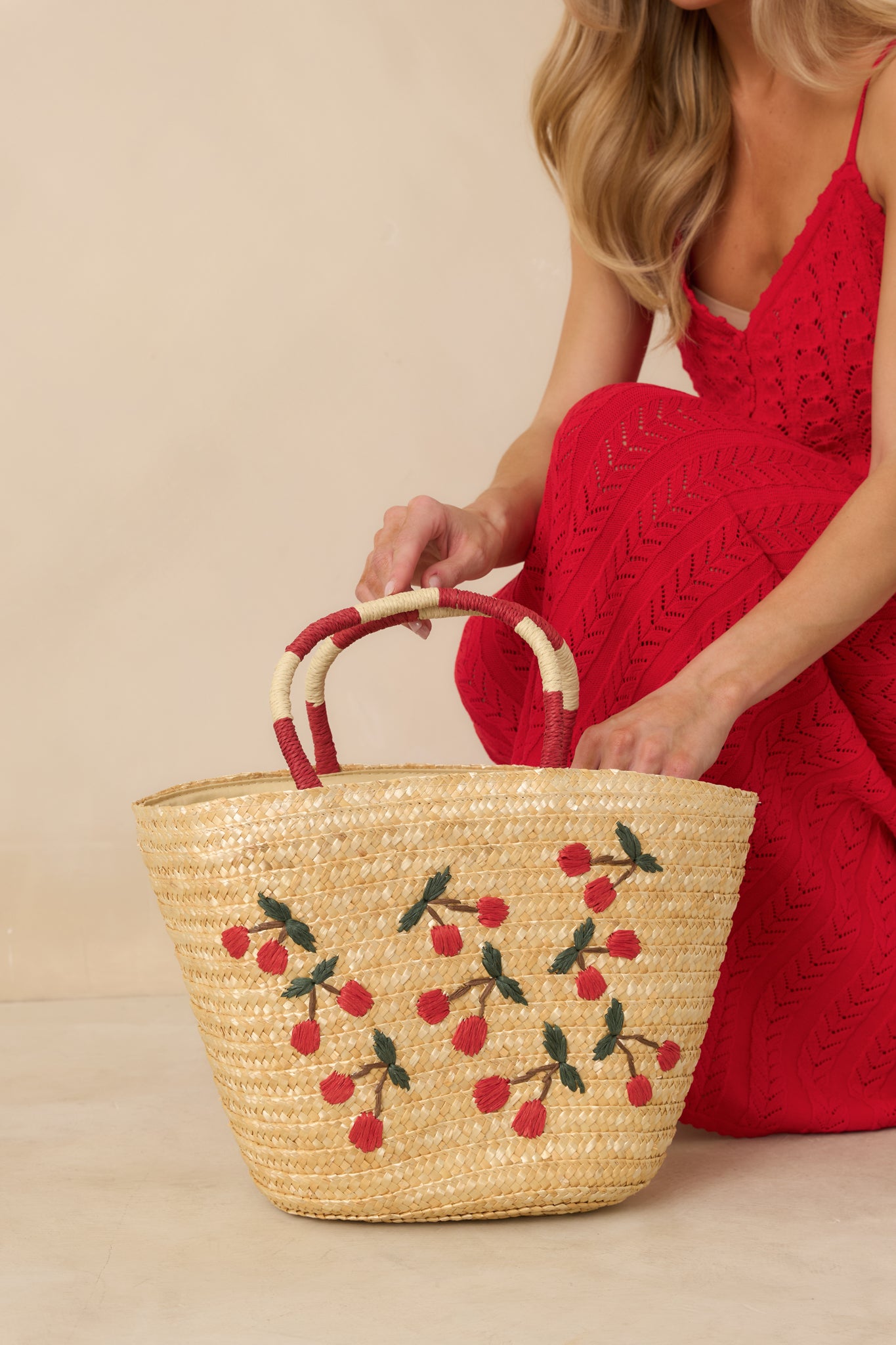 Happened So Sweetly Natural Woven Cherry Embroidered Tote Bag
