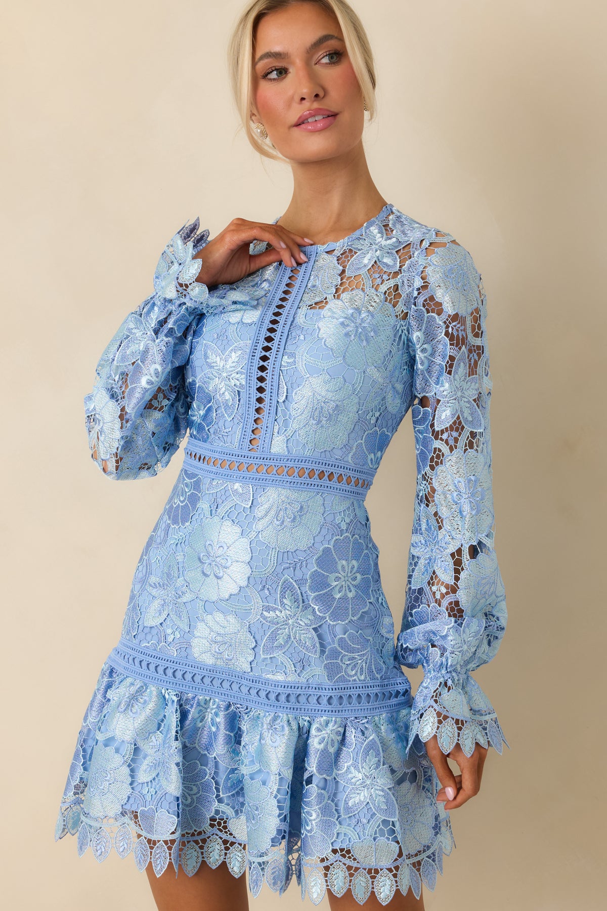 Light Blue Floral Embroidered Mini Dress
