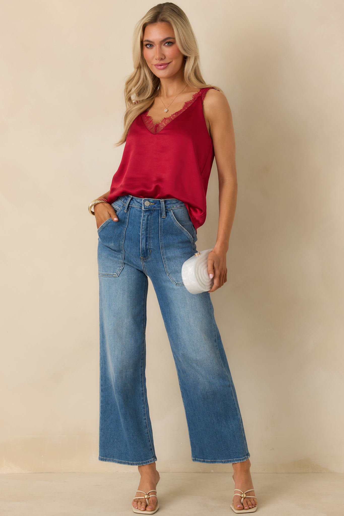 Red Shimmer Lace Trim Cami - Women's Tops | Red Dress