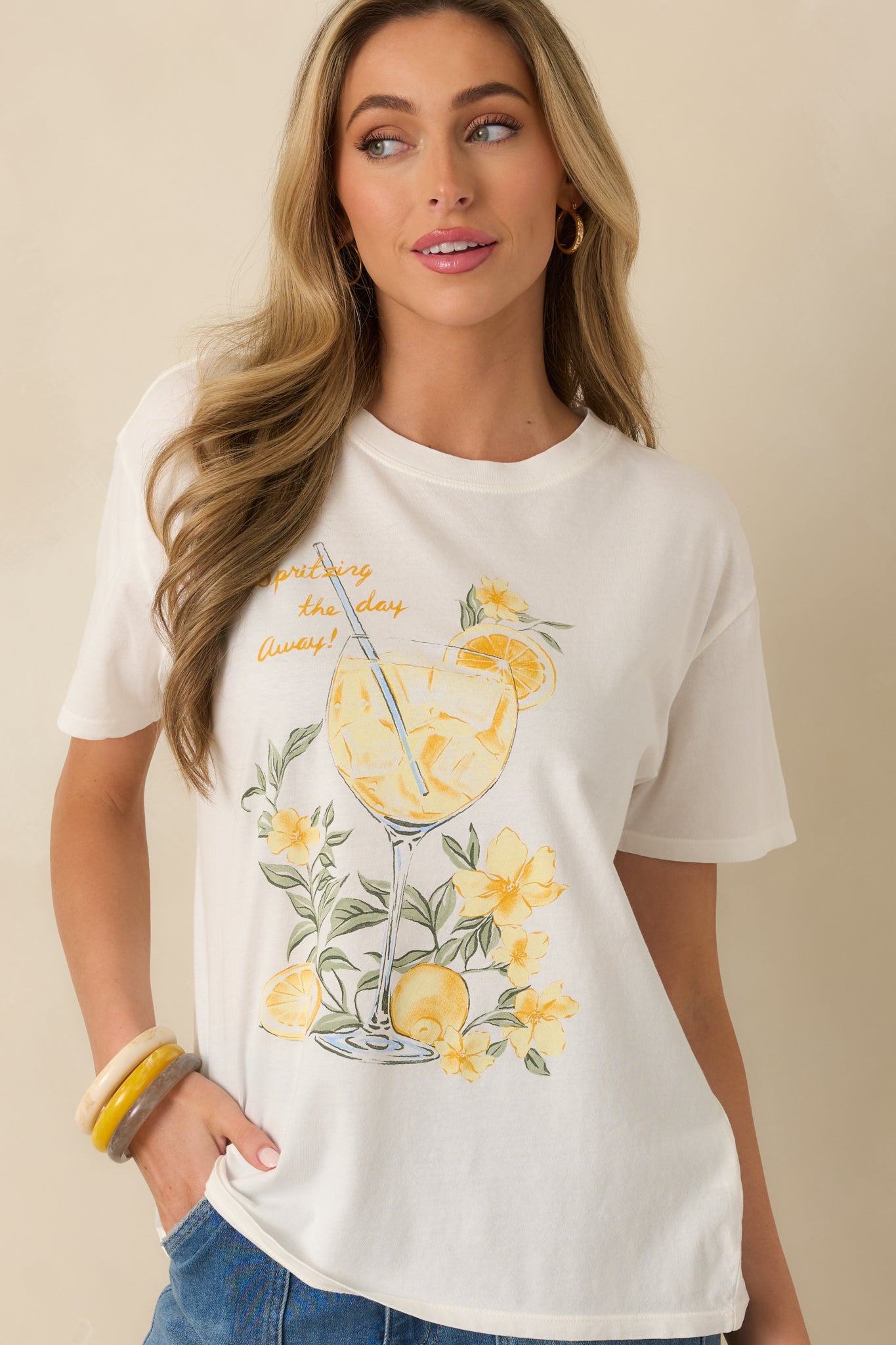 Closer view of the playful spritz artwork and smooth lightweight cotton texture.