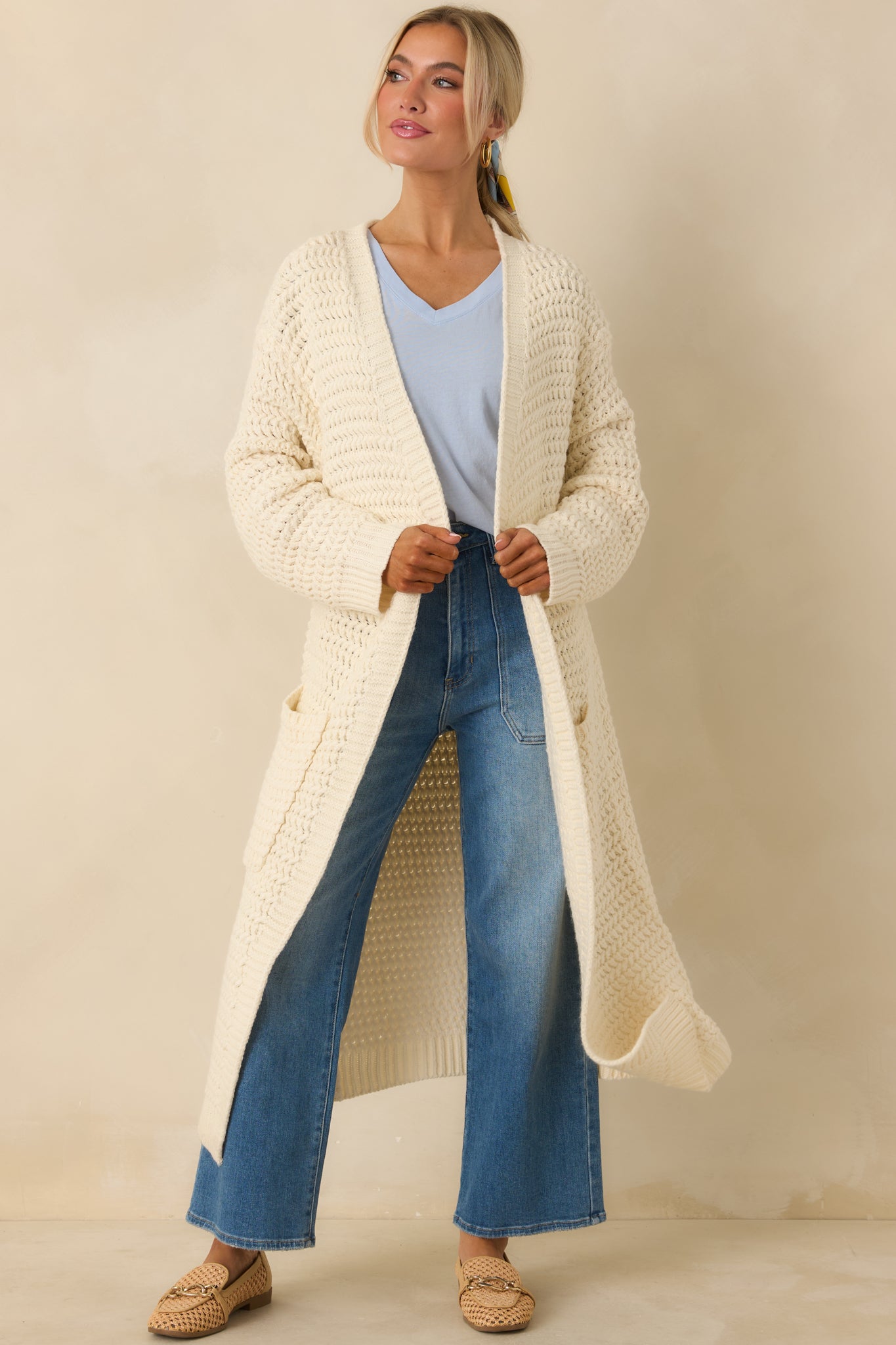 Women's Made For More Cream Knit Duster Cardigan Shirt | Color: White | Size: L | Red Dress