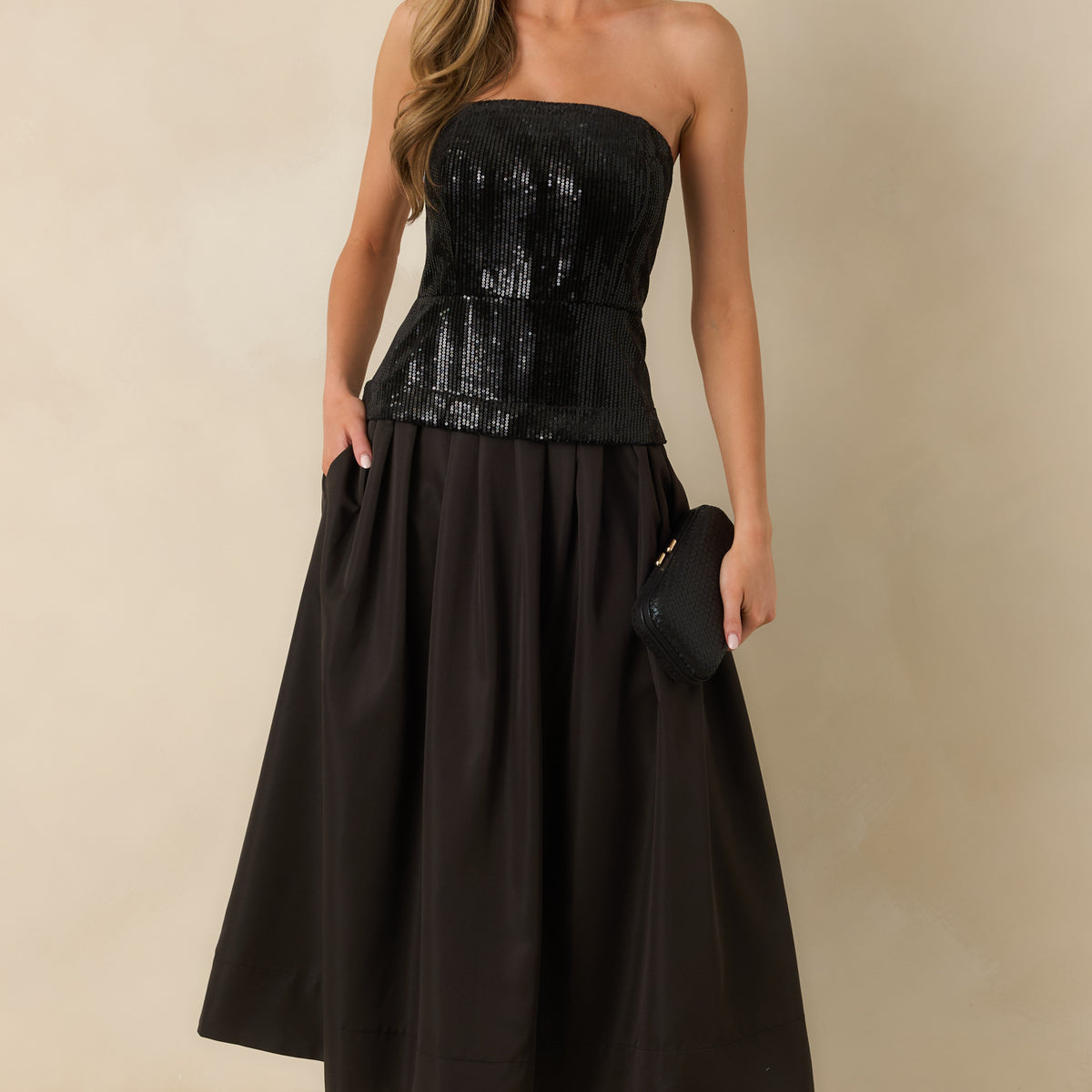 Women's Sips & Sparkles Black Sequin Strapless Midi Dress | Size: S