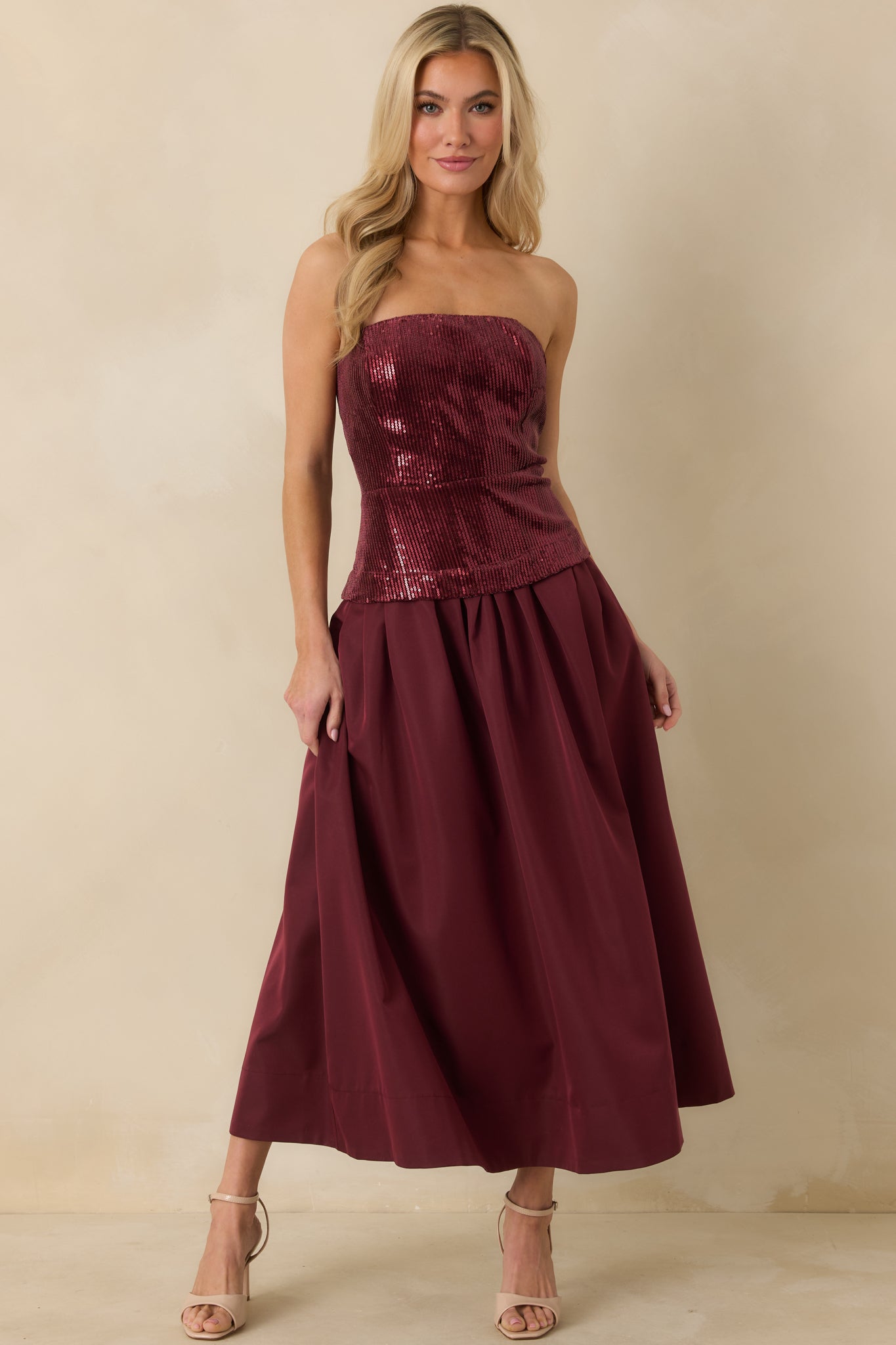 Women's Sips & Sparkles Wine Red Sequin Strapless Midi Dress | Size: L | Red Dress Women's Sips & Sparkles Wine Red Sequin Strapless Midi Dress | Size: L | Red Dress