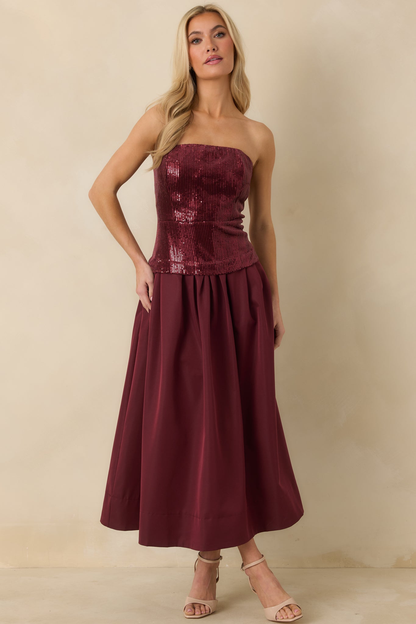 strapless open back dress Burgundy Sequin Top Short Dress main image 1