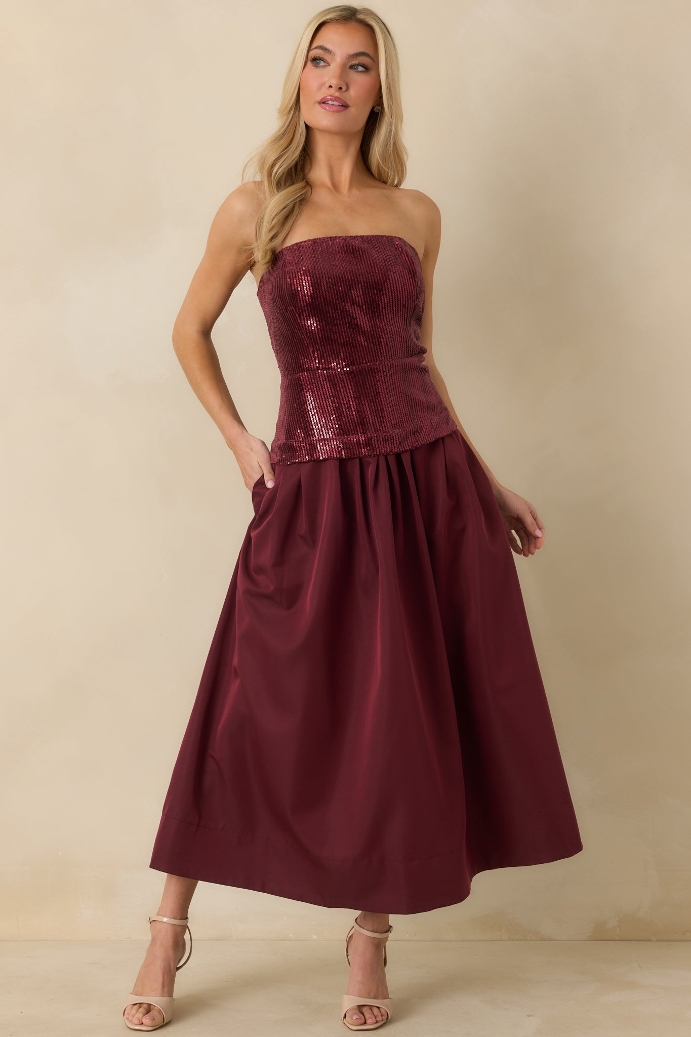 Women's Sips & Sparkles Wine Red Sequin Strapless Midi Dress | Size: L | Red Dress Women's Sips & Sparkles Wine Red Sequin Strapless Midi Dress | Size: L | Red Dress