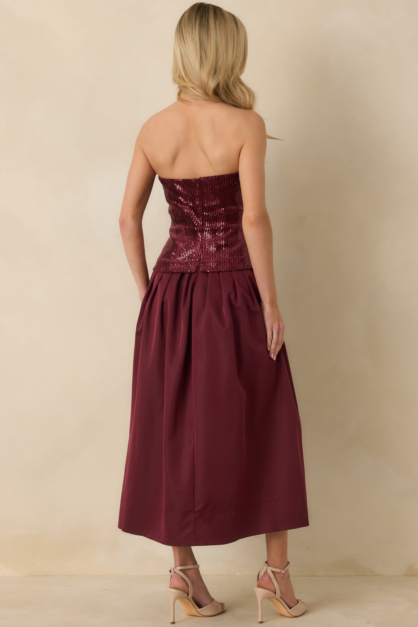 Women's Sips & Sparkles Wine Red Sequin Strapless Midi Dress | Size: L | Red Dress Women's Sips & Sparkles Wine Red Sequin Strapless Midi Dress | Size: L | Red Dress