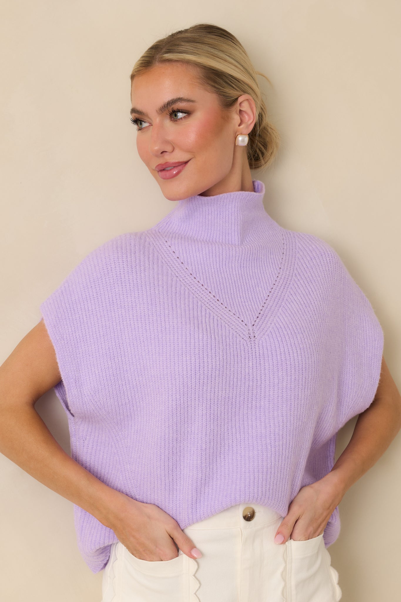 Lavender Ribbed Knit Mockneck Cap Sleeve Sweater - All Tops | Red