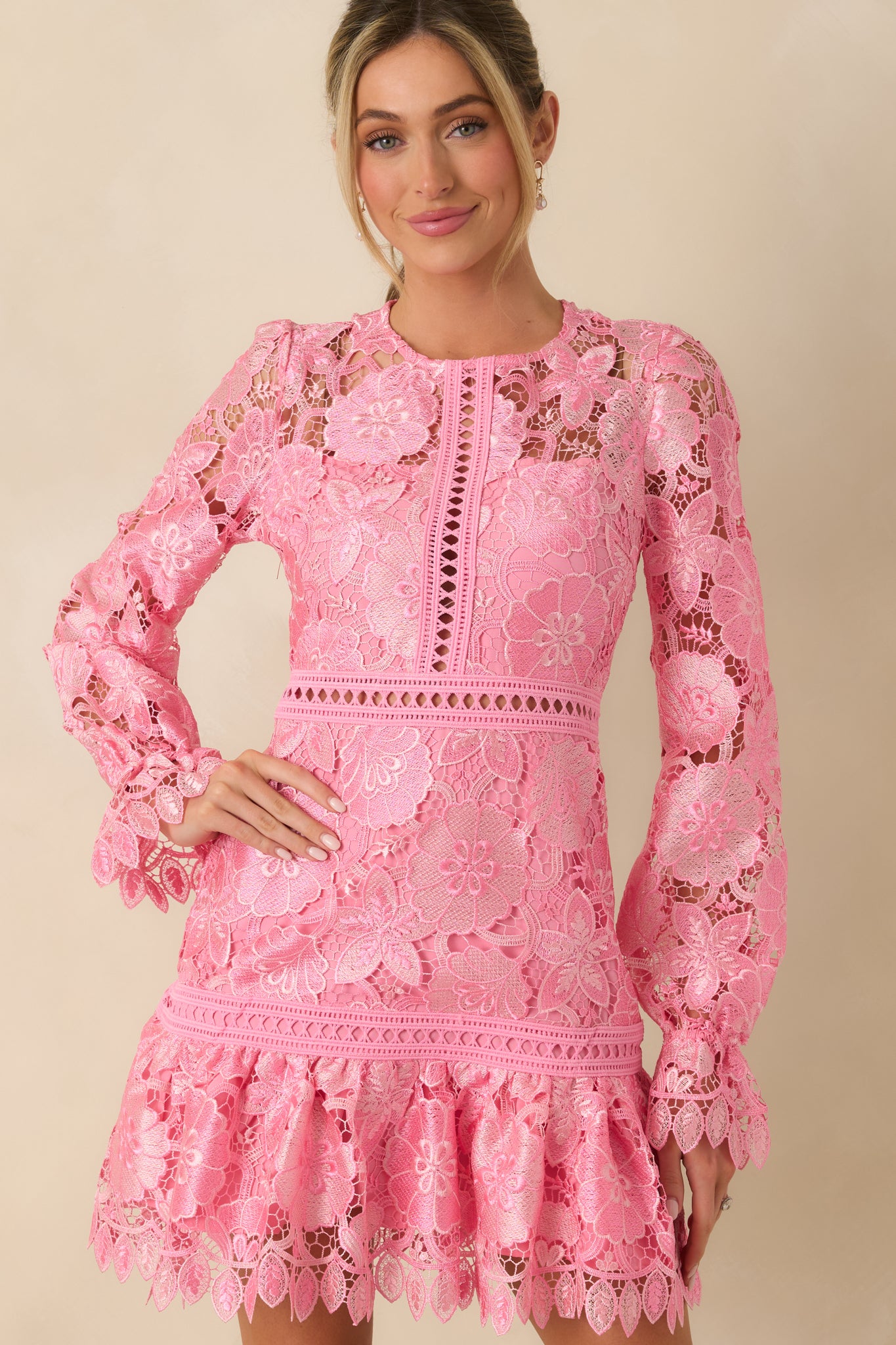 white christmas dresses Pink Floral Embroidered Long Sleeve Mini Dress - All Dresses