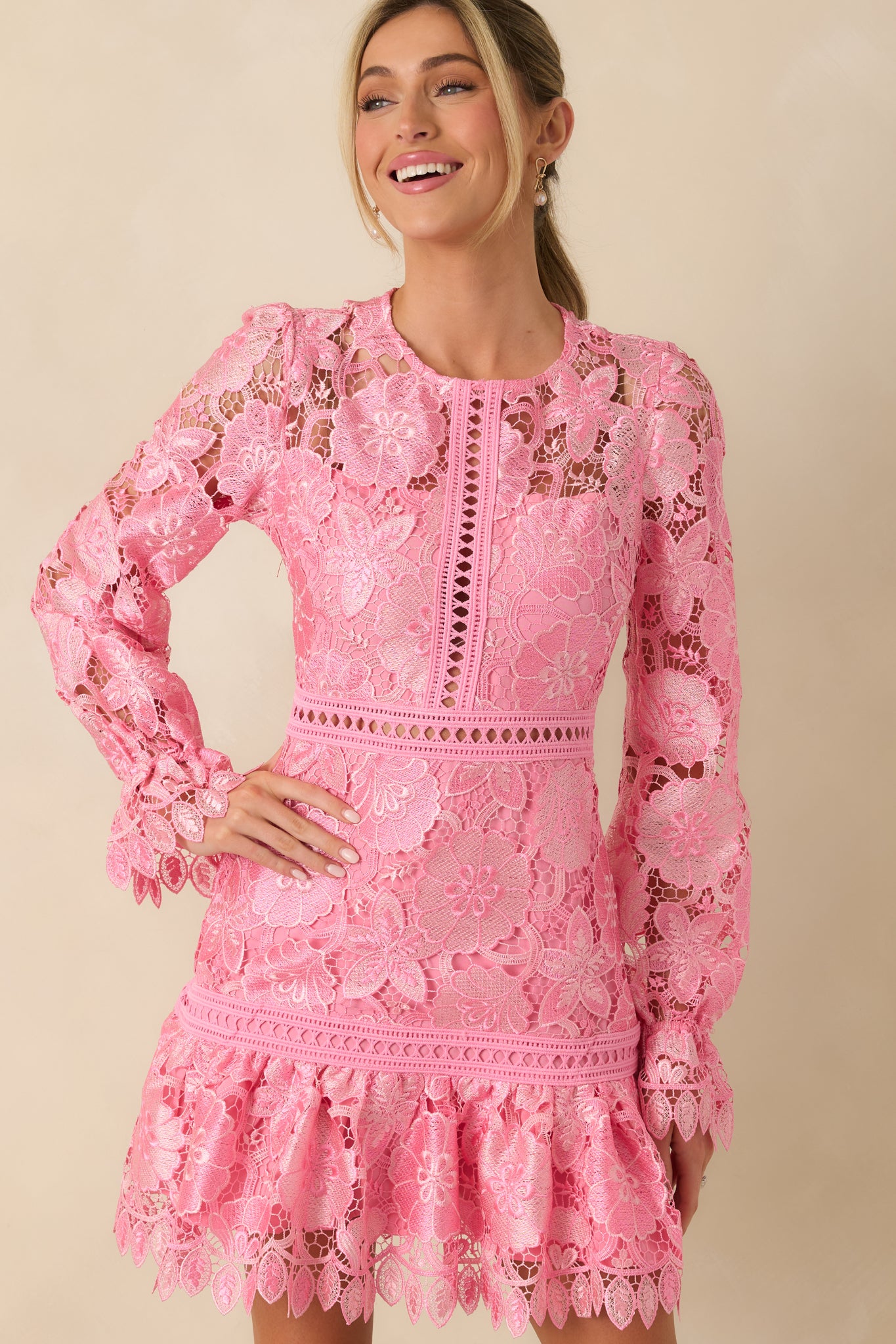 Pink Floral Embroidered Long Sleeve Mini Dress - All Dresses