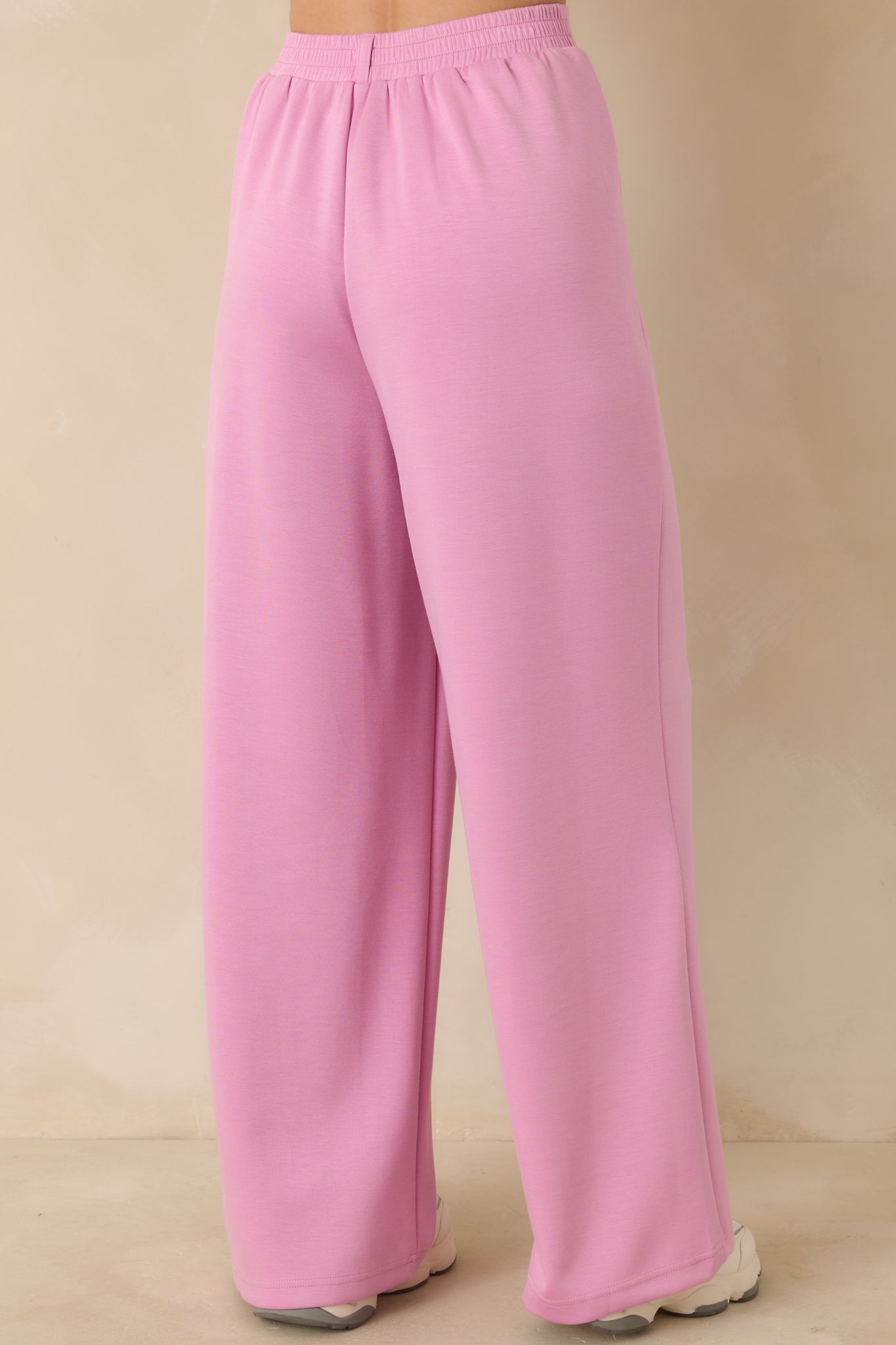 Pink high-waisted pants showing the wide-leg silhouette from the rear with a smooth knit finish and clean lines.
