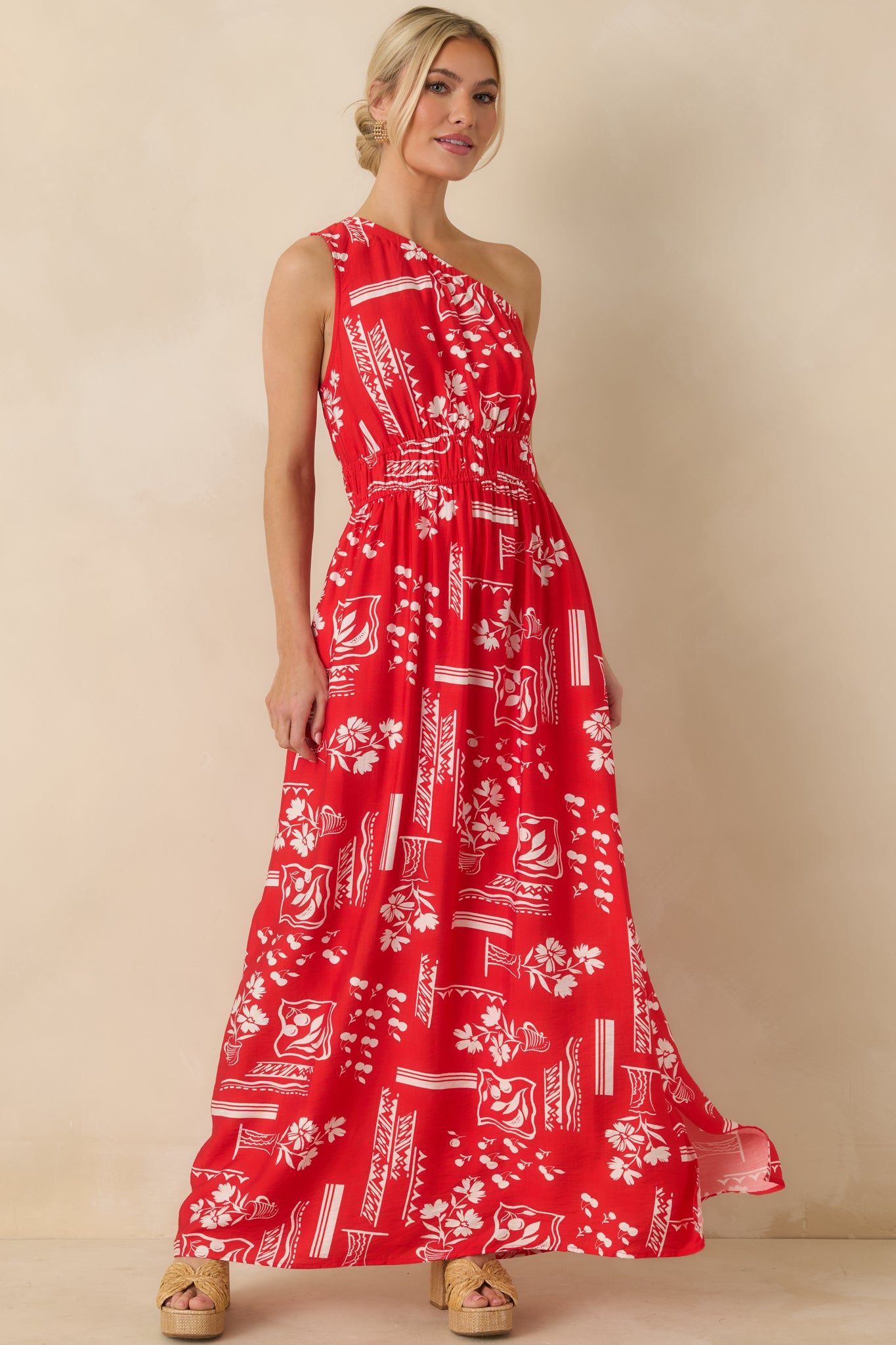 Slightly angled front view showing the side leg slit and flowing maxi-length hem.