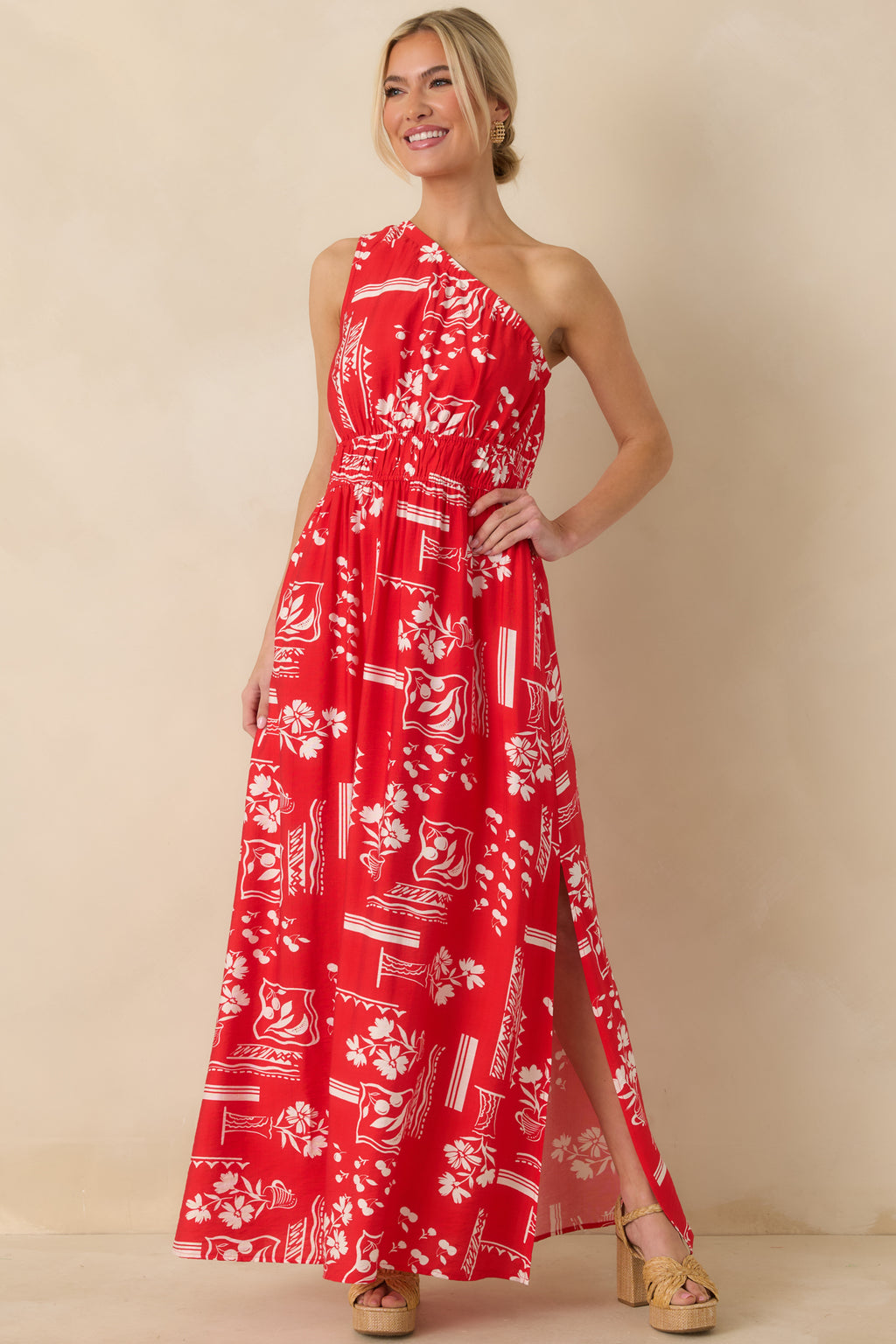 red floral off the shoulder maxi dress Red One Shoulder Geometric Floral Dress - Maxi Dresses