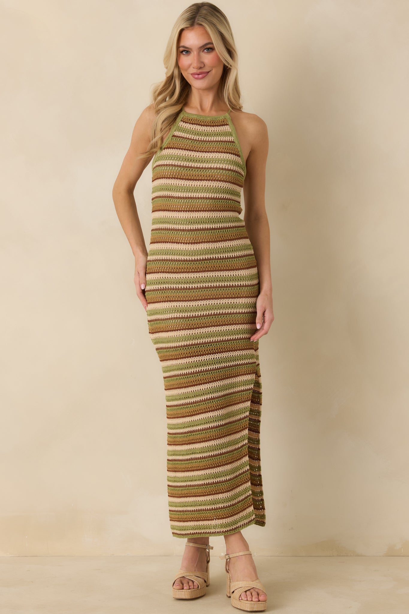Open-knit halter dress with vertical stretch texture and leg slit
