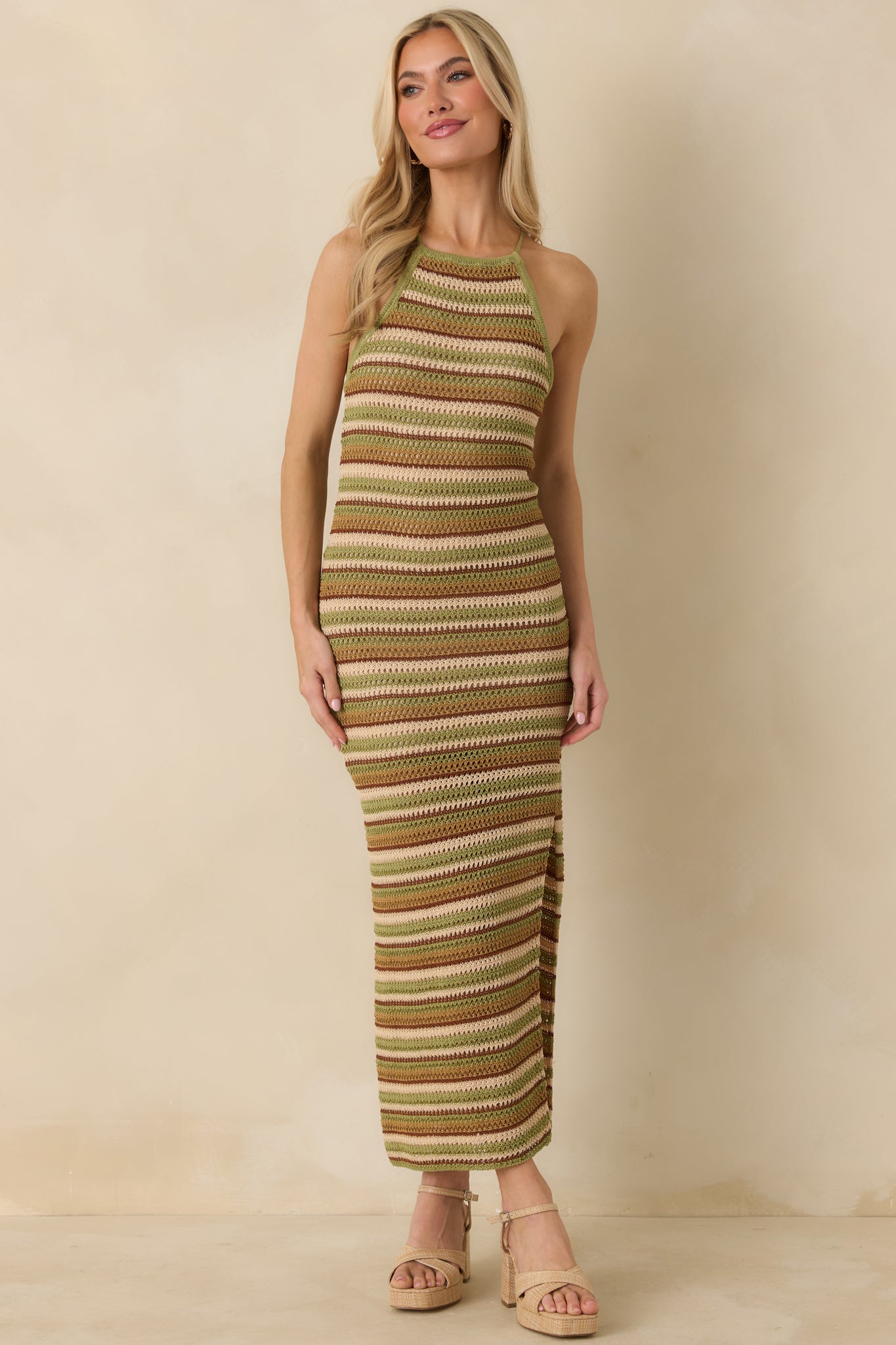 Crochet maxi dress featuring refined high neck and relaxed silhouette