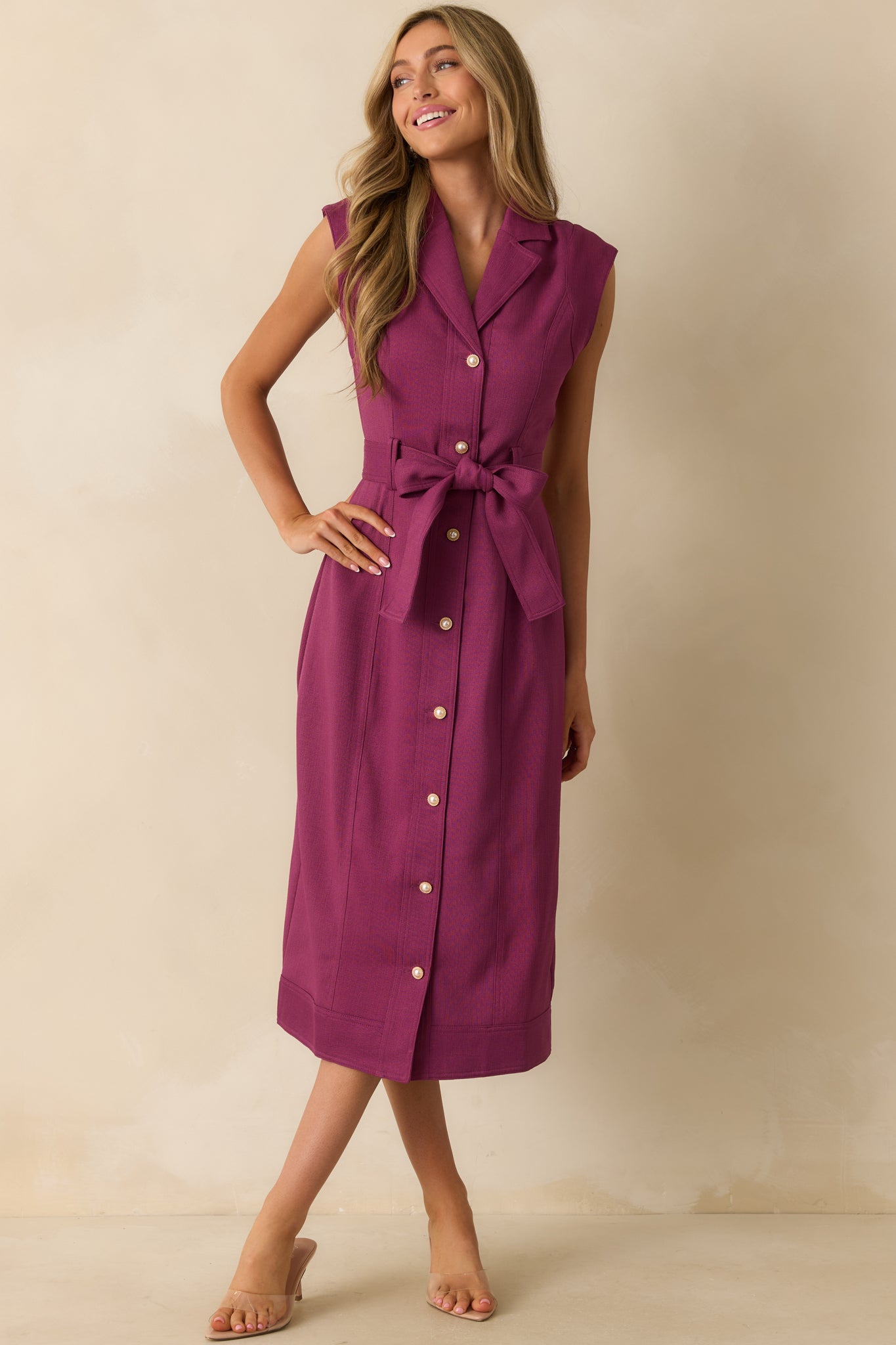 Plum wine midi dress with a collared neckline and button front design.