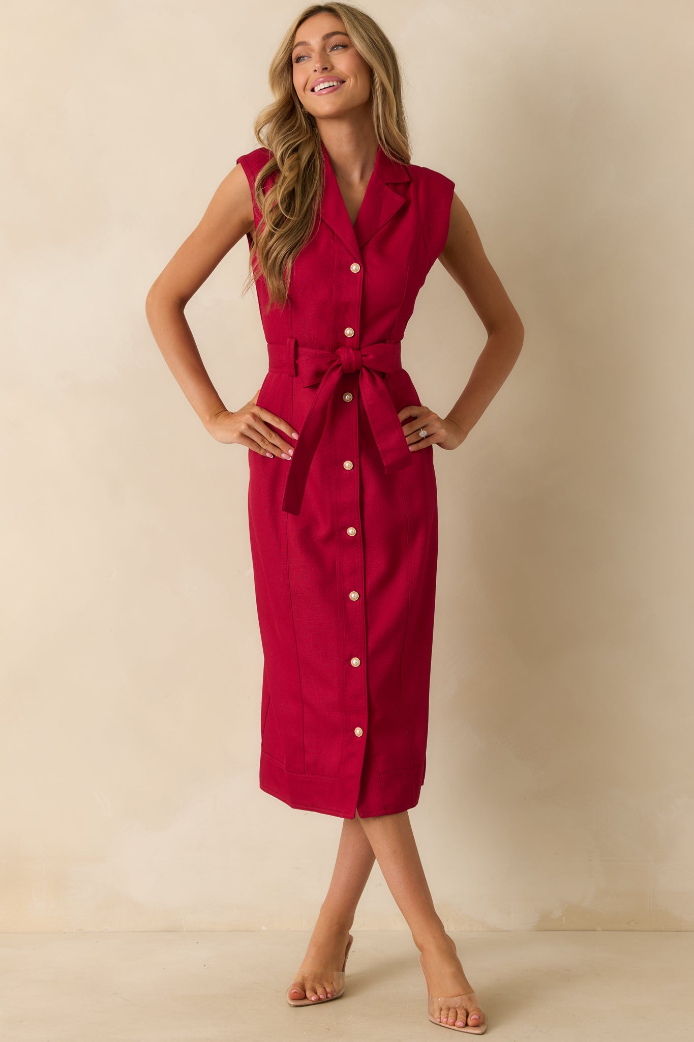 Red wine midi dress with a collared neckline and button-front closure.