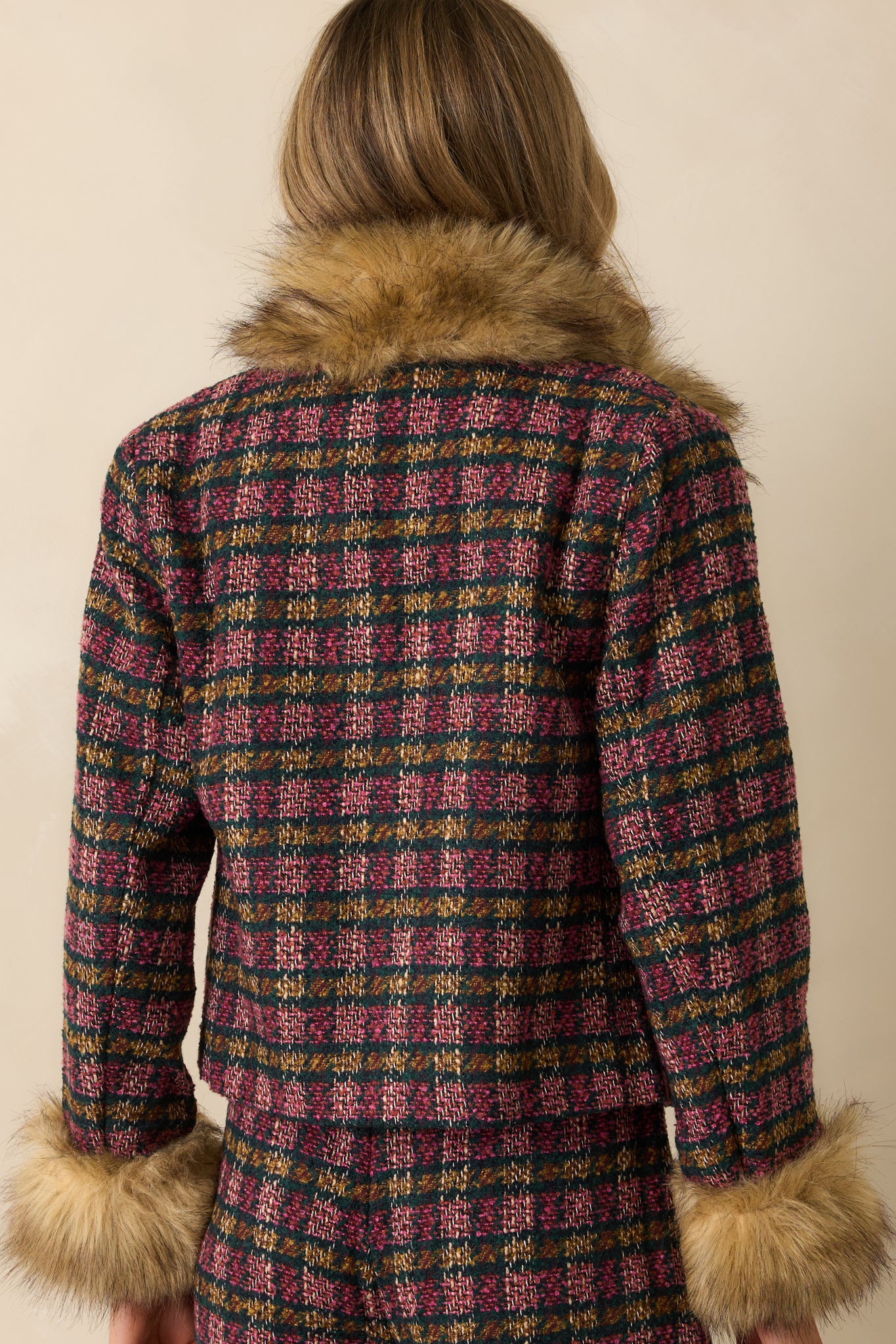 Prosperina Bouvier Tweed Jacket In Pink Multi Plaid | Red Dress