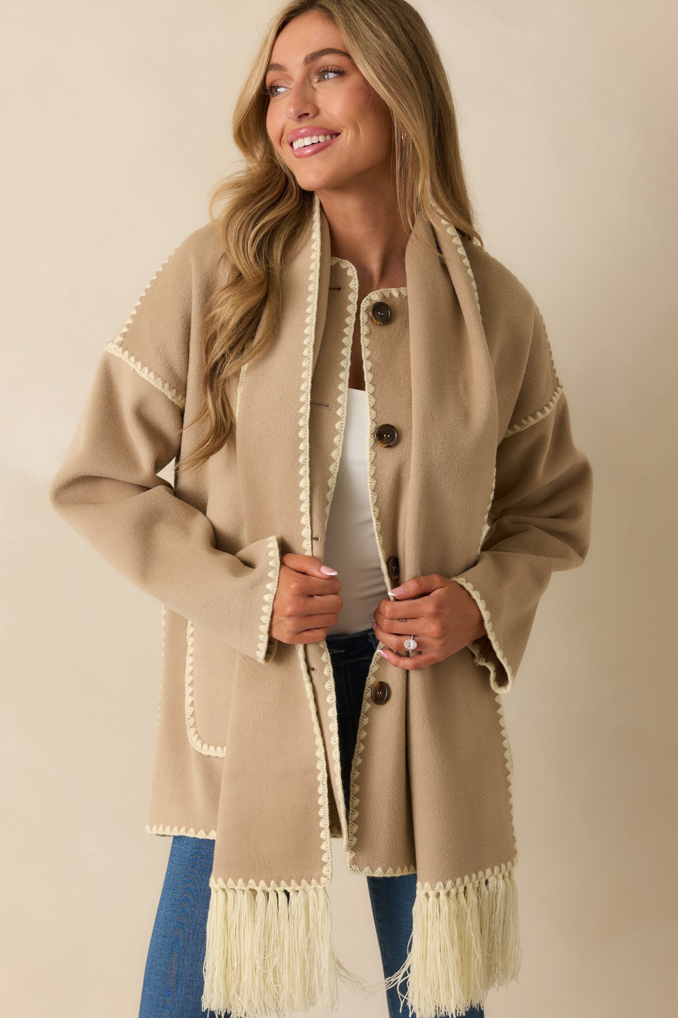 Taupe Blanket Stitch Coat - All Outerwear | Red Dress