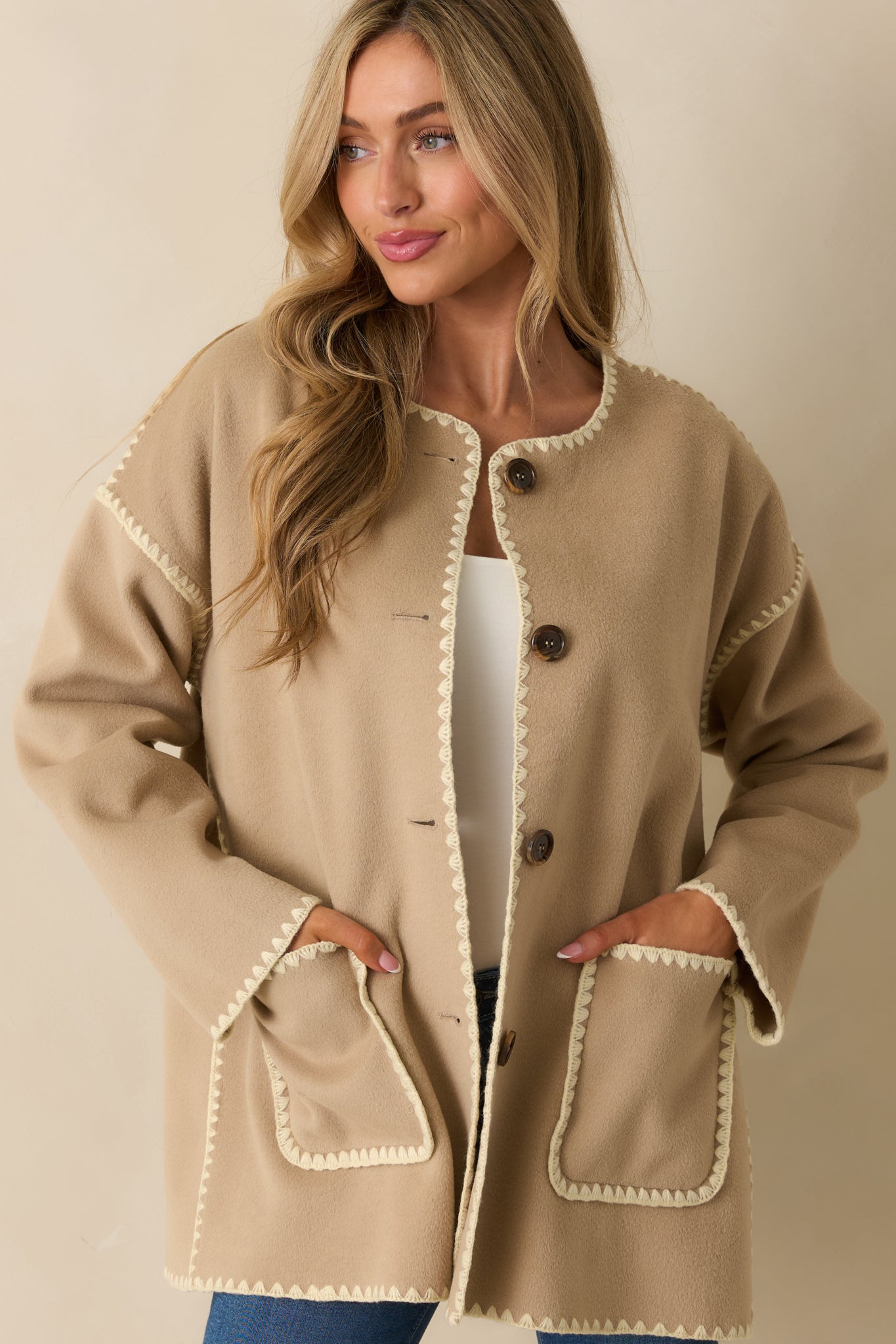 Taupe Blanket Stitch Coat - All Outerwear | Red Dress