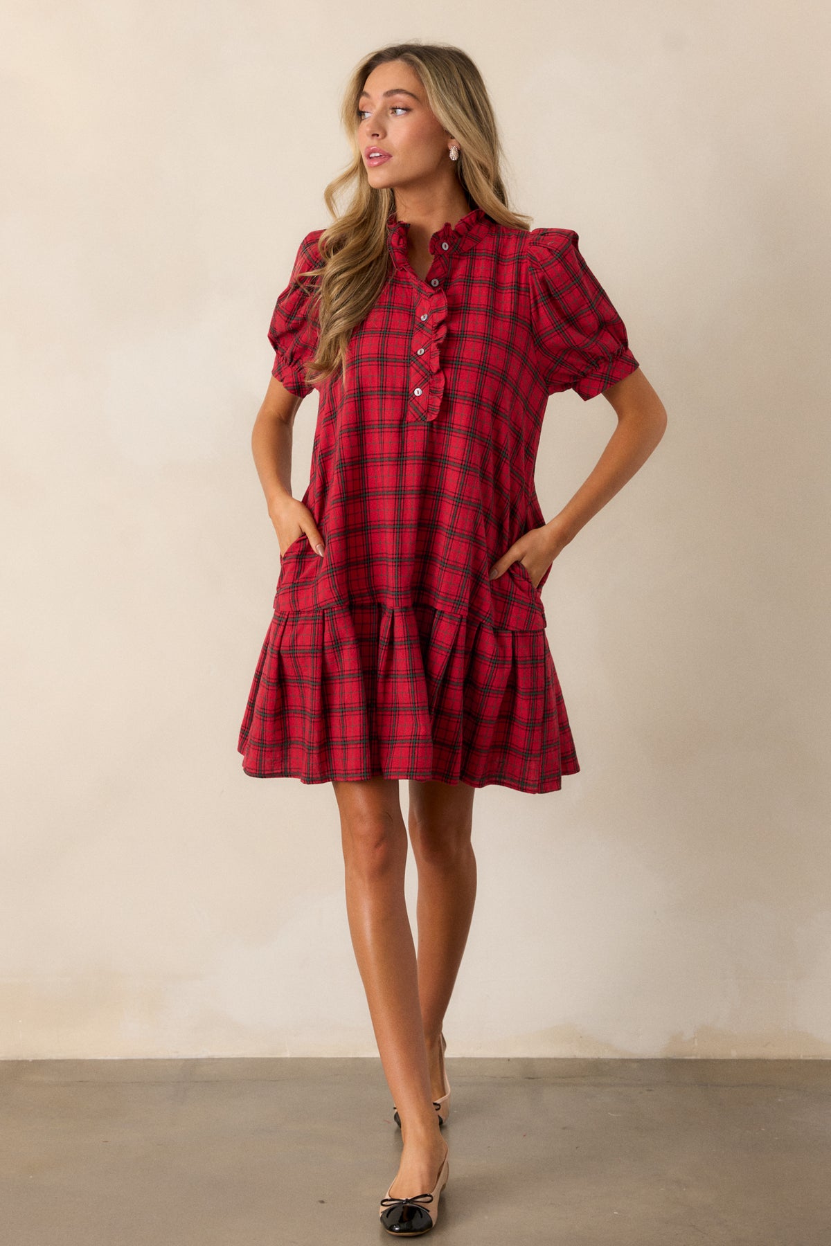 100% Cotton Red Plaid Mini Dress