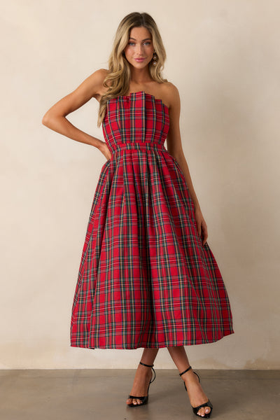 The Genevieve Red Plaid Strapless Midi Dress - All Dress
