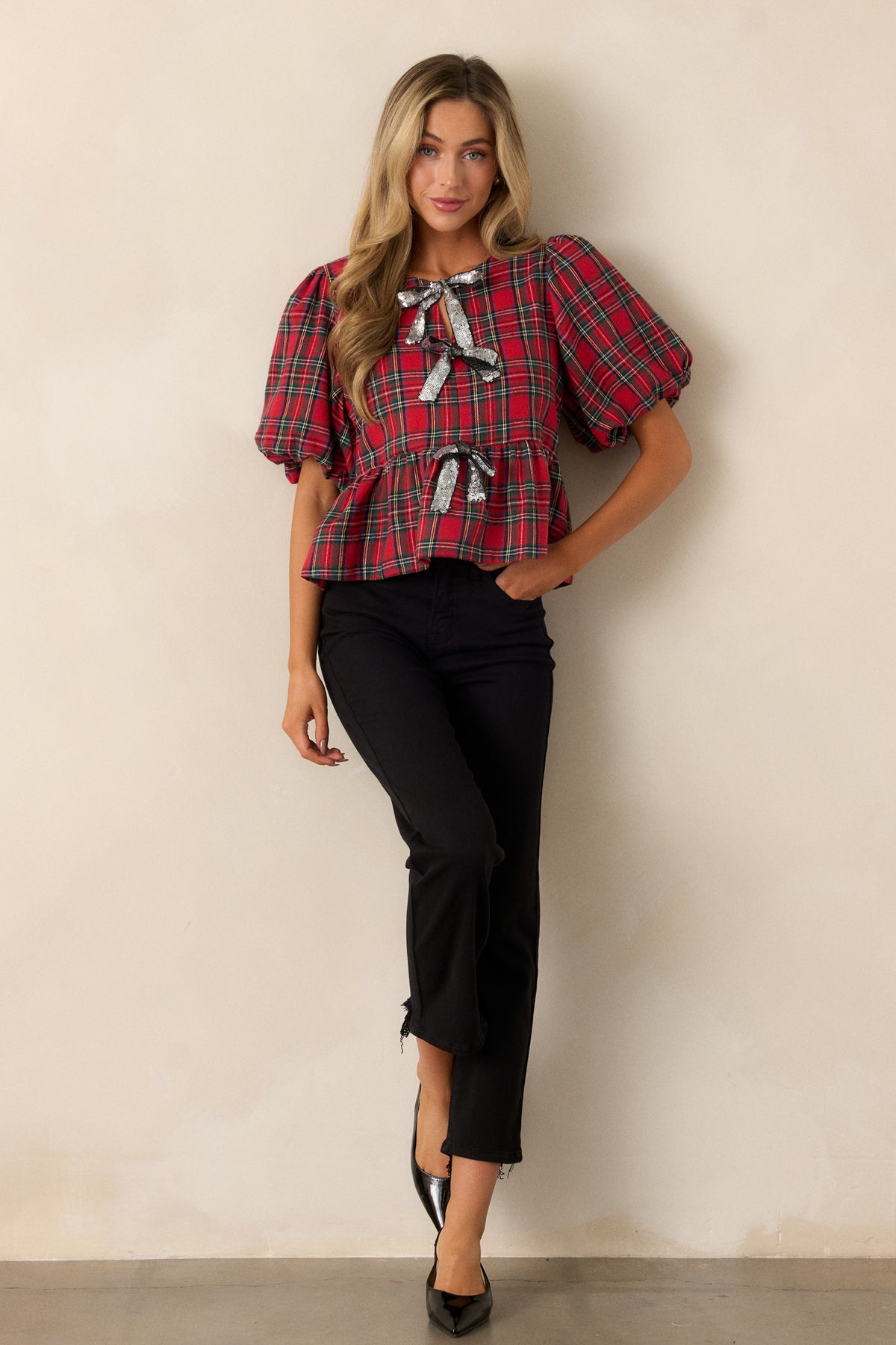 Red Puff Sleeve Cropped Top