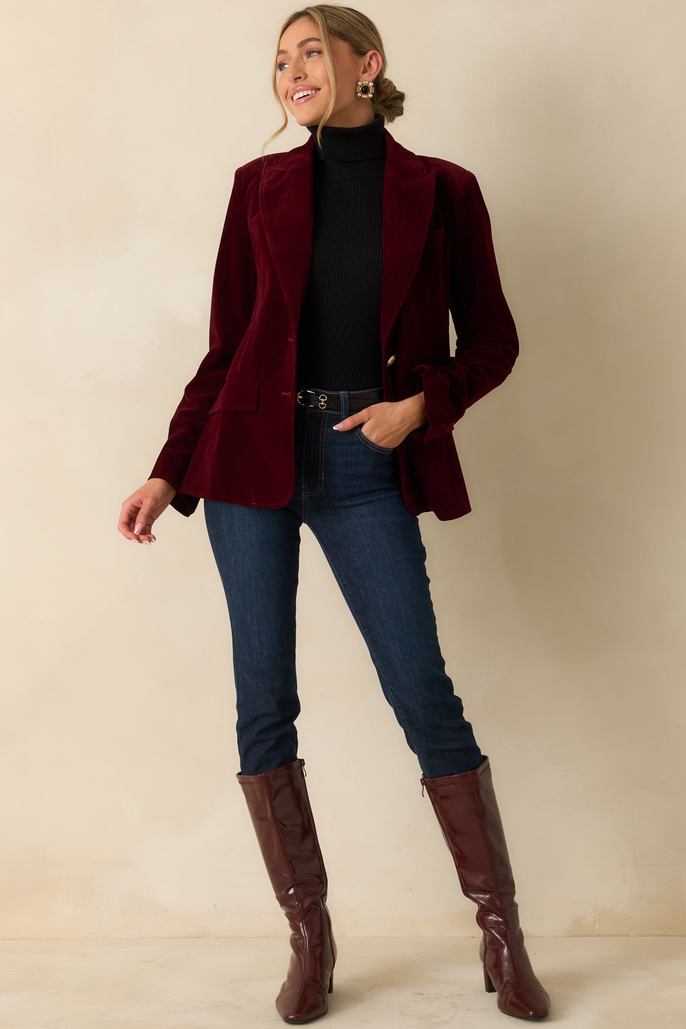 Velvet blazer in deep merlot with ruched long sleeves and tailored silhouette for a polished look.