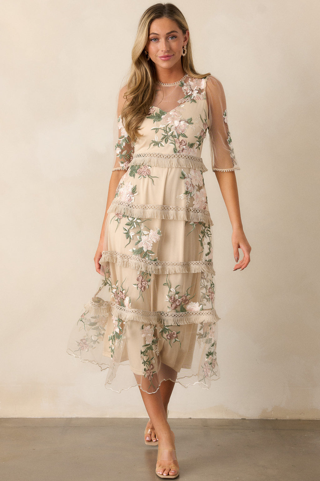 Beige Floral Midi Dress - All Dresses