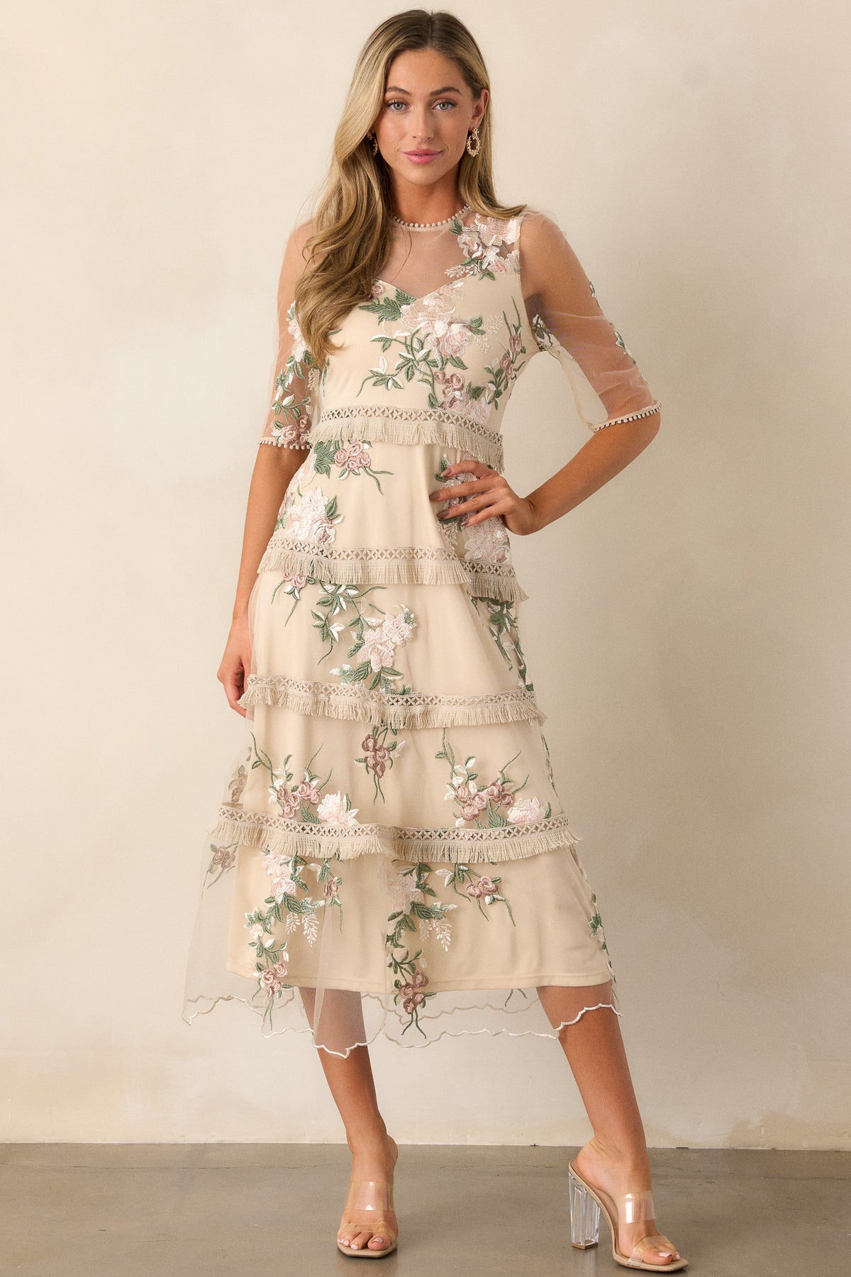 Beige with Pink Floral Dress