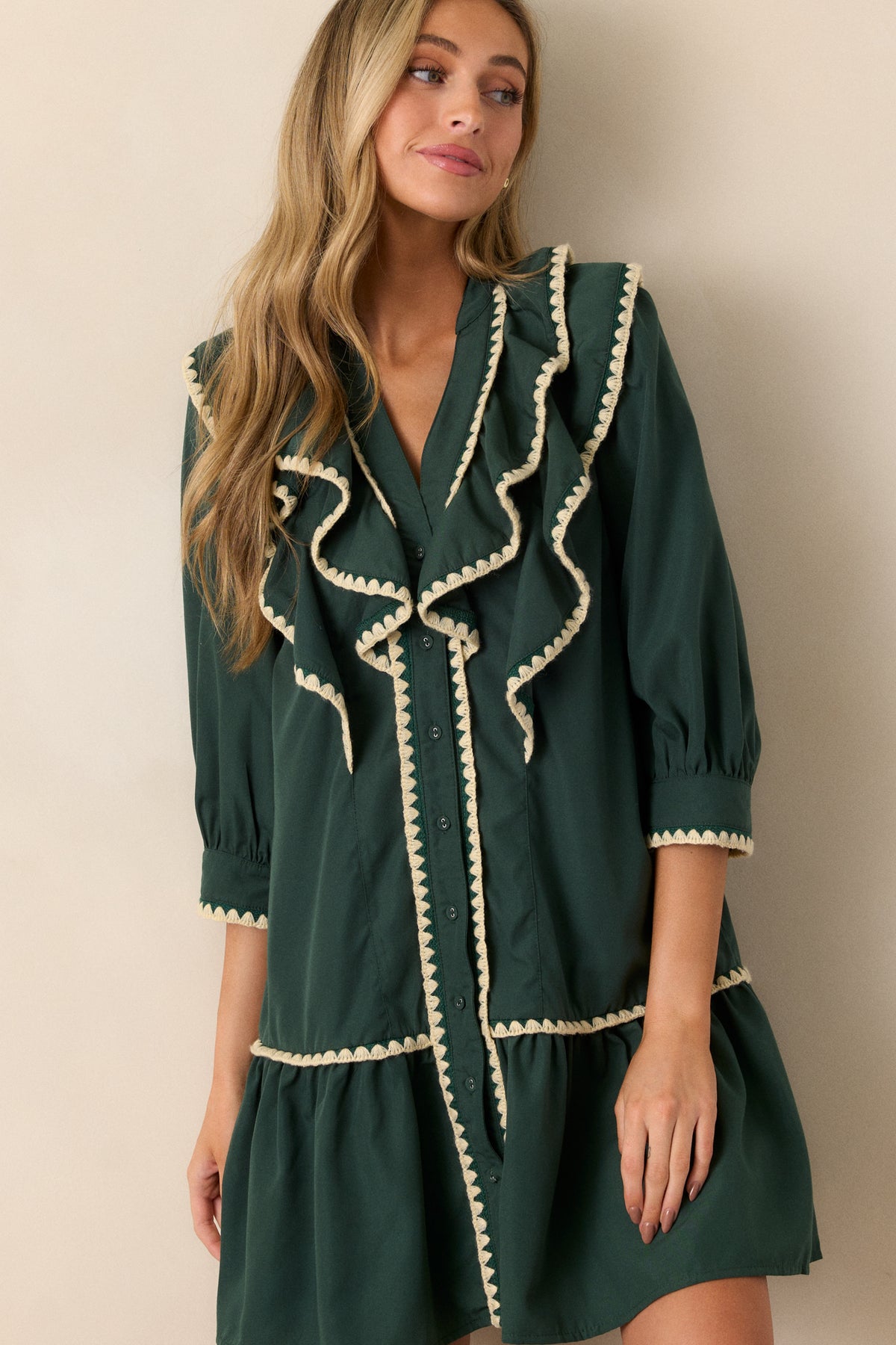 Floral Front Tie Ruffle Mini Dress - Green