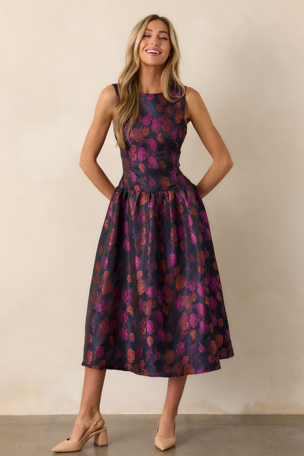 Purple Floral Drop Waist Midi Dress - All Dresses
