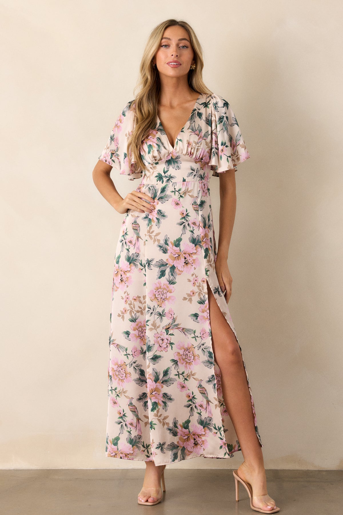 Ivory Multi Floral Flutter Sleeve Maxi Dress