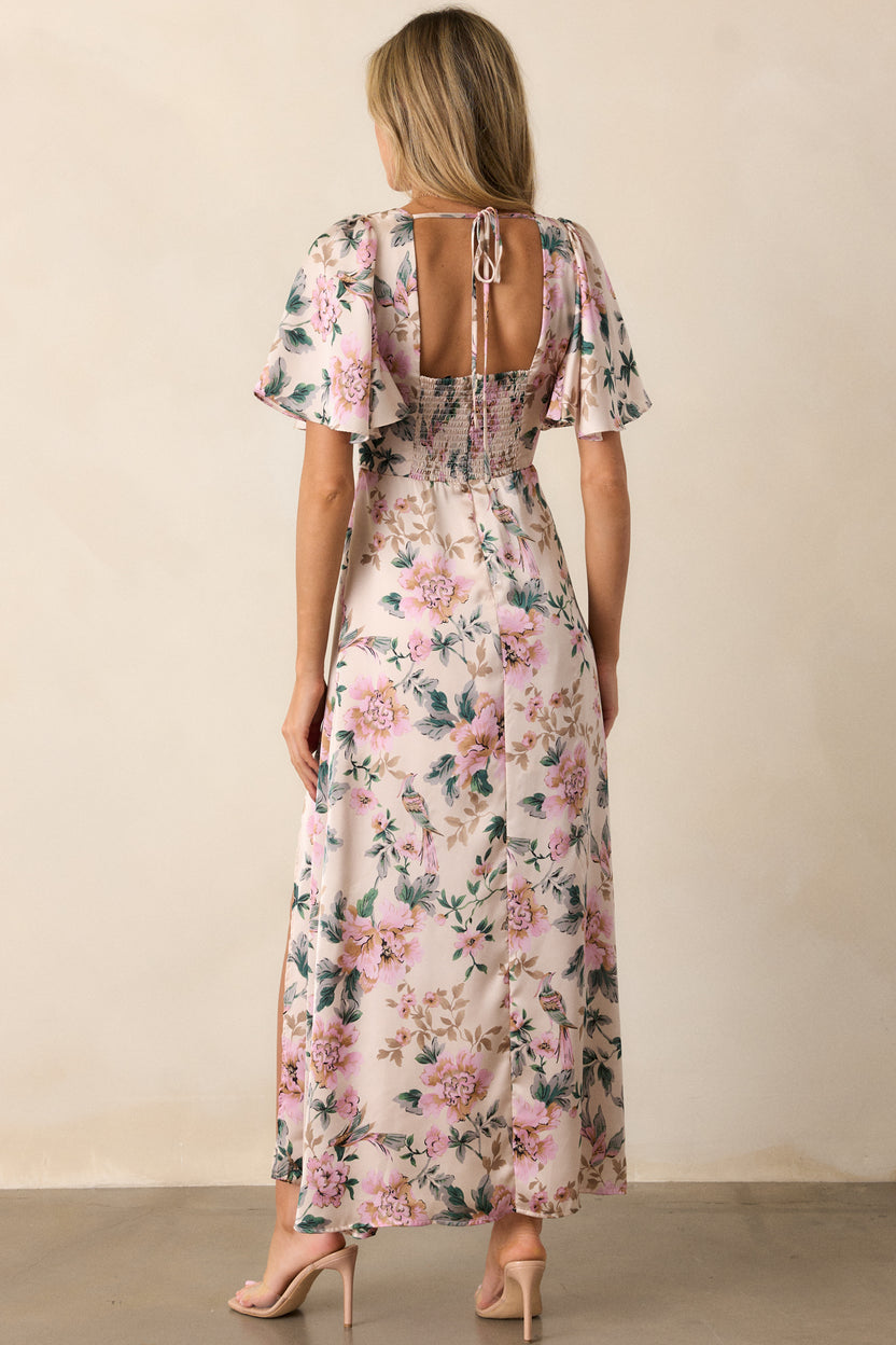 White Floral Flutter-Sleeve Maxi Dress