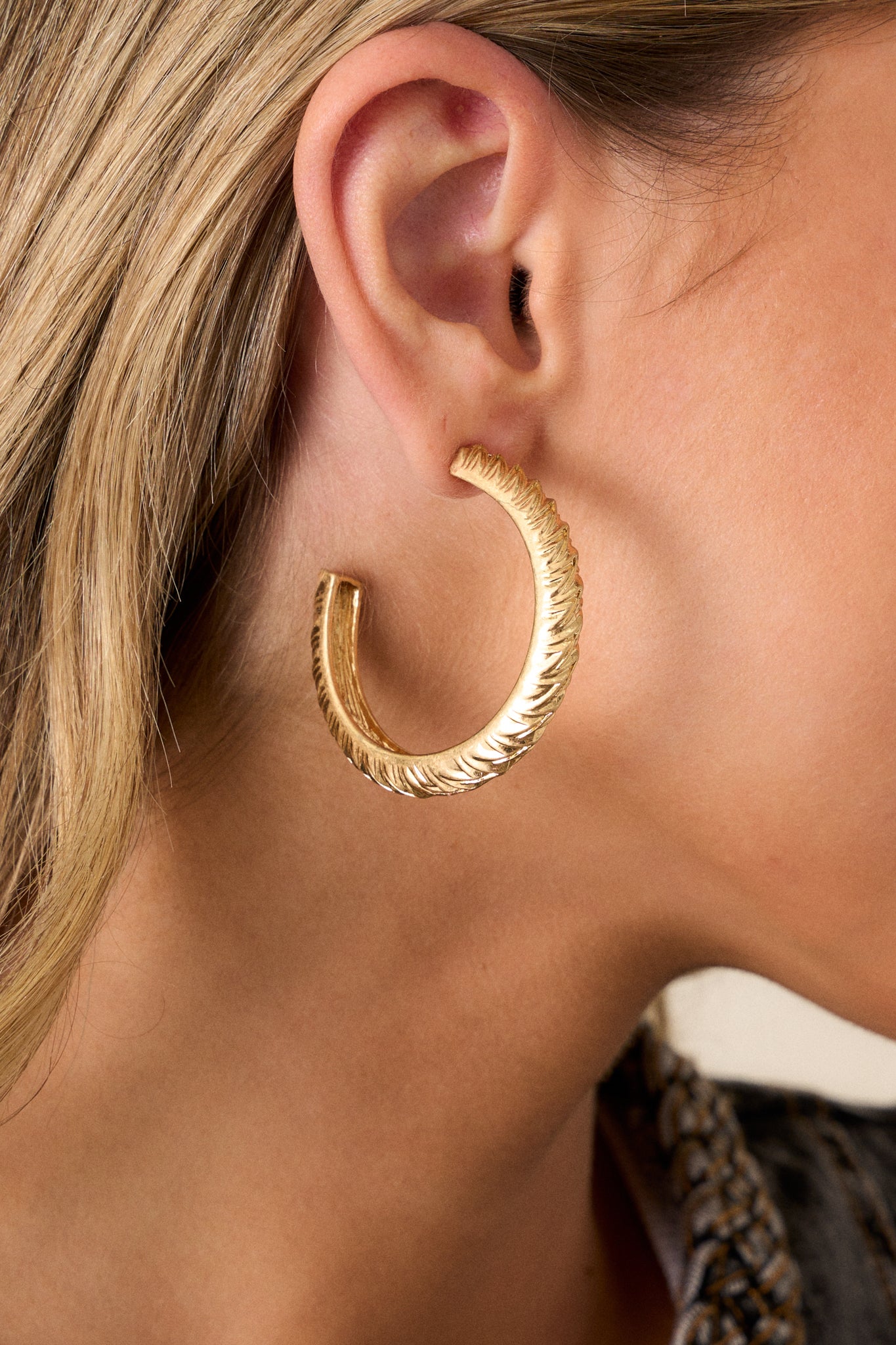 Gold Textured Hoop Earrings - All Earrings | Red Dress