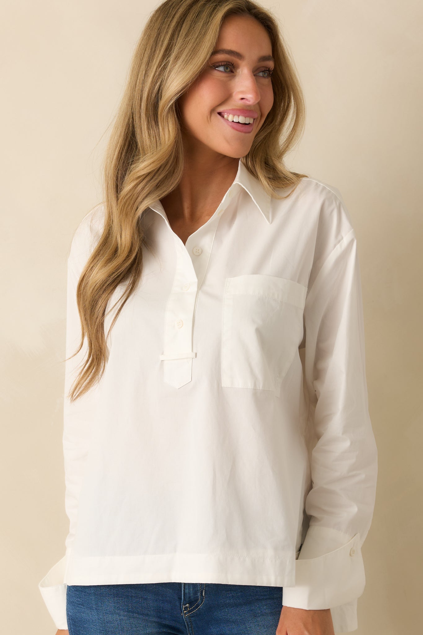 Highlight of the smooth weave and structured fit of the blouse torso.