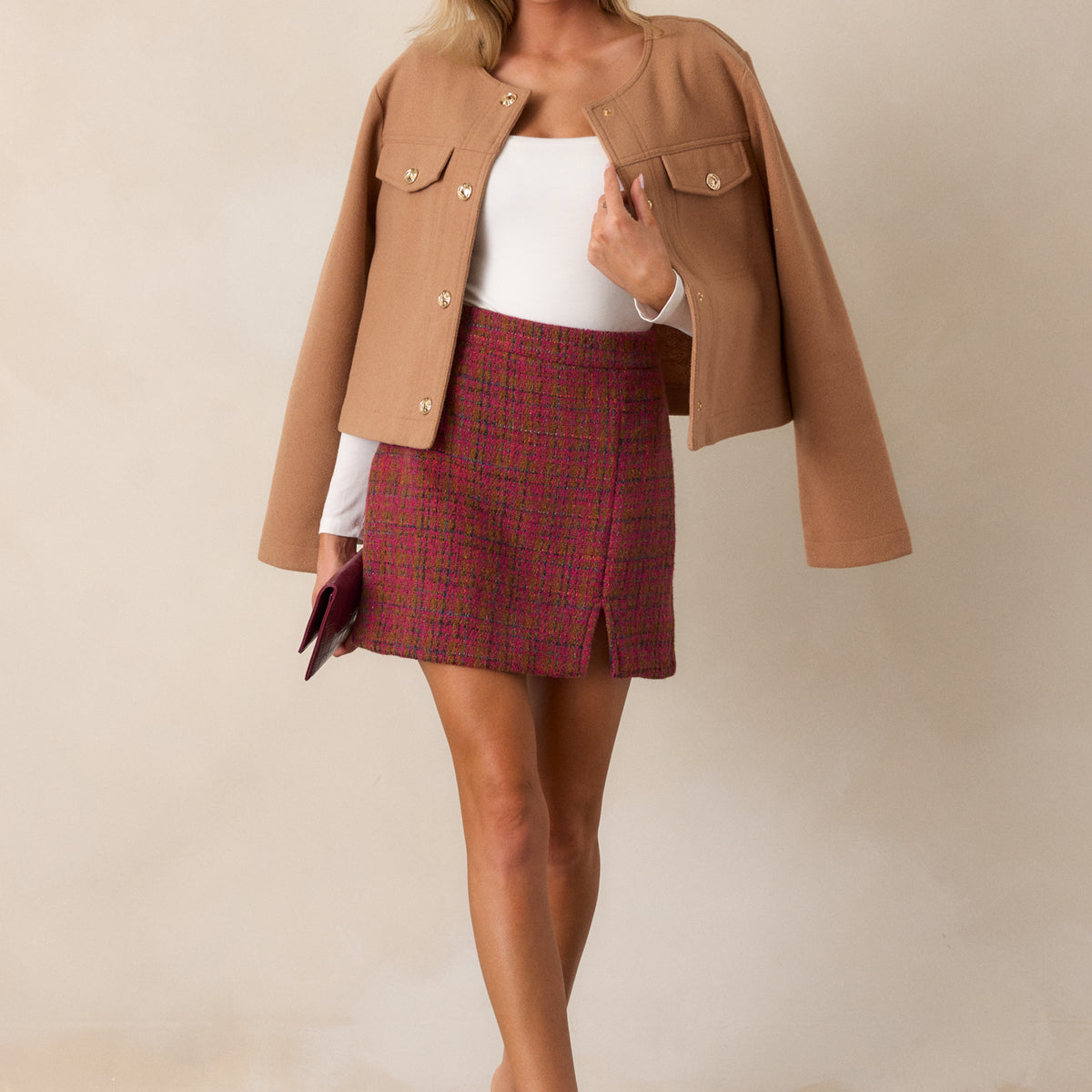 【mideal】tweed over jacket&mini skirt Women's White Tweed Jacket, White Crew-neck T-shirt, Black