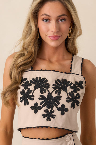 Taupe Embroidered Floral Cropped Top - All Tops | Red Dress