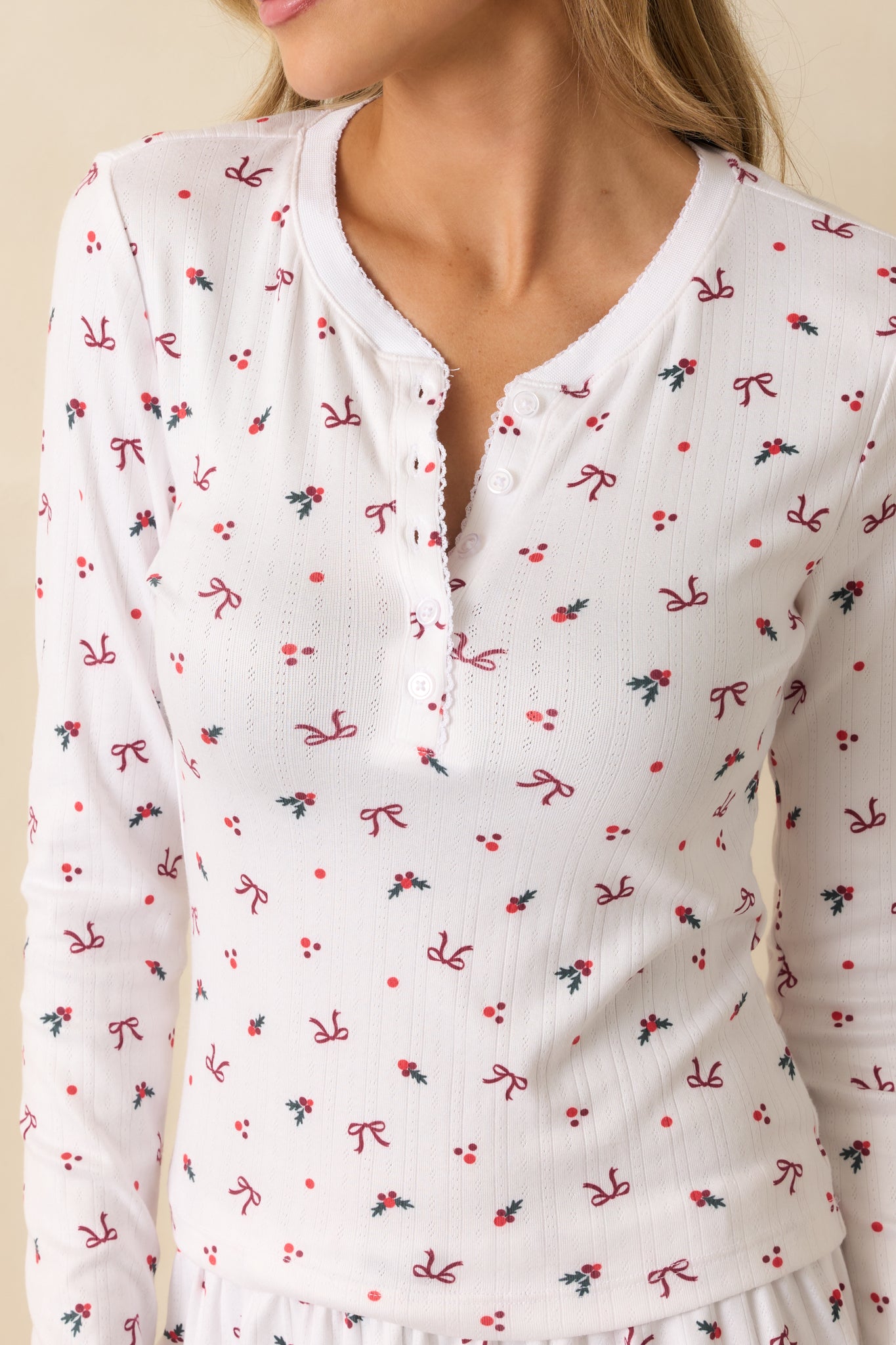 Z Supply White Multi Holly Pointelle Long Sleeve Pajama Top