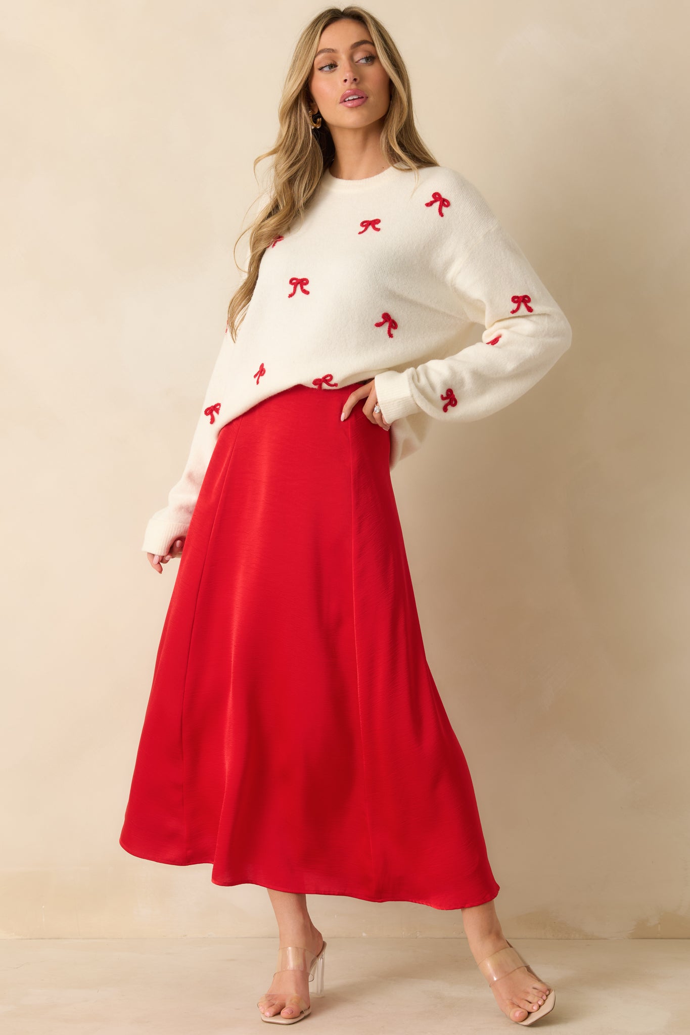 Z Supply Warm White Knit Tie The Ribbon Sweater | Red Dress