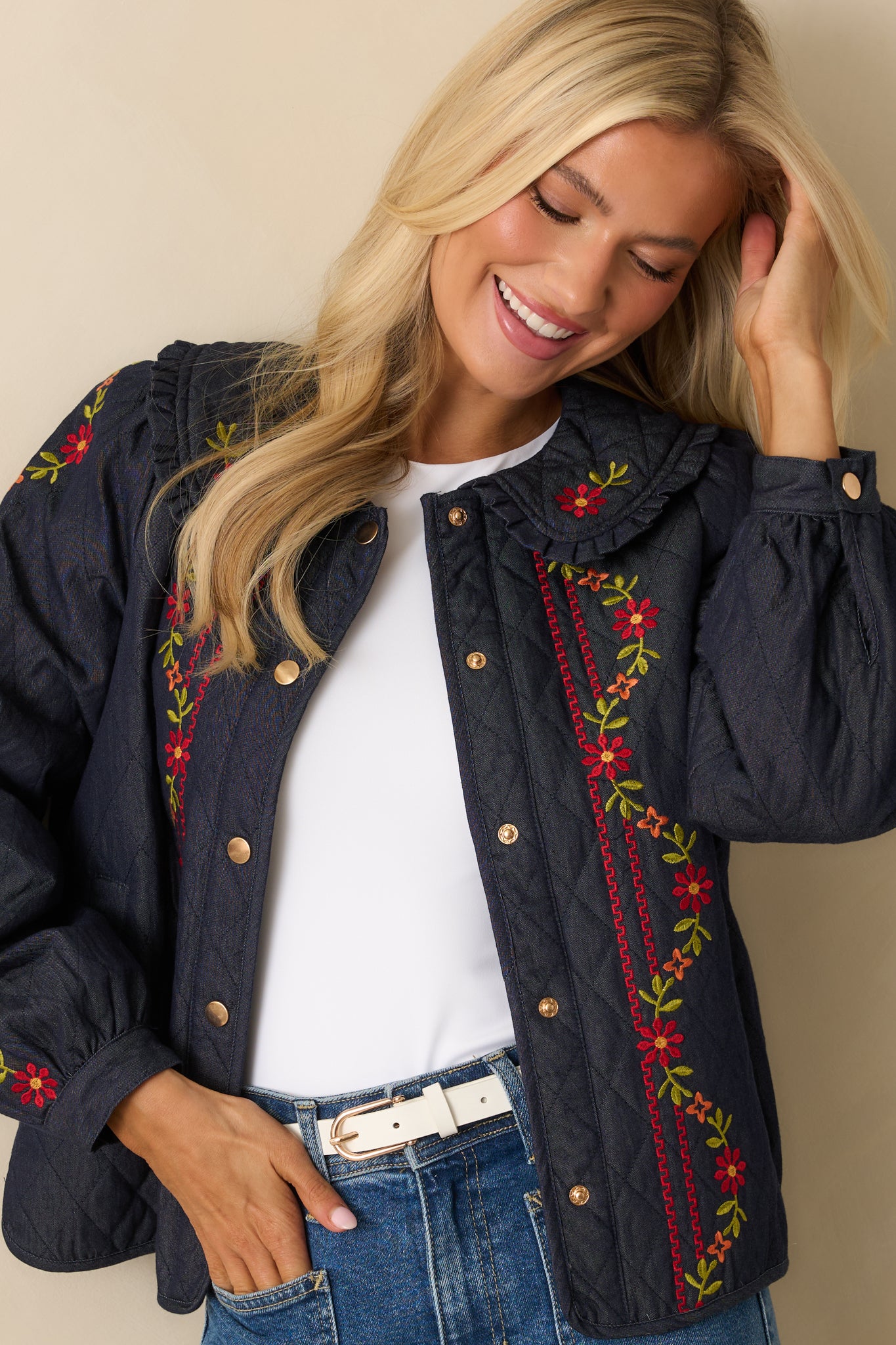 Wildflower Trails Dark Indigo Denim Quilted Embroidered Button Up Jacket