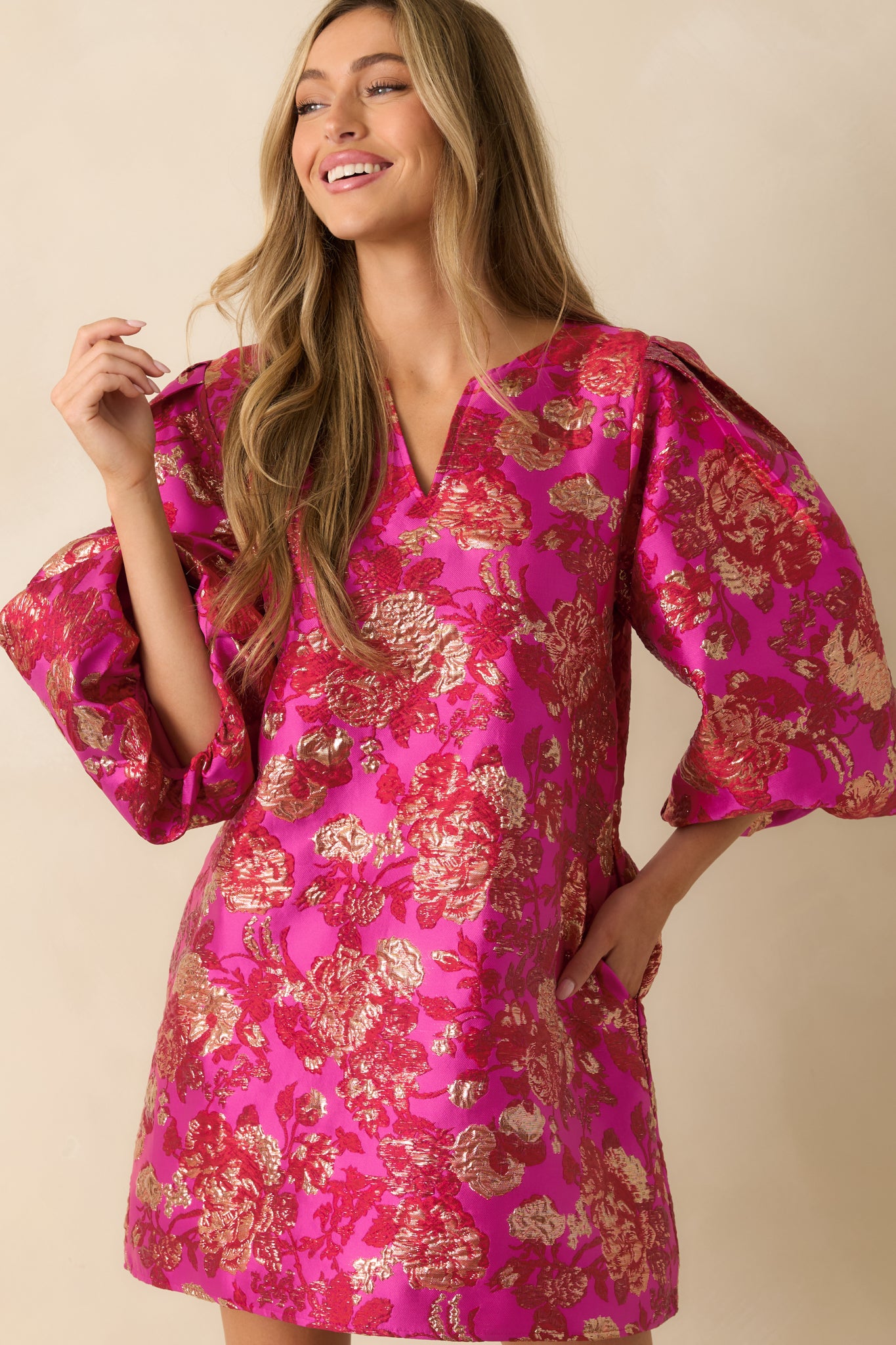 Hot Pink Floral Jacquard Mini Dress - Event Dresses | Red Dress