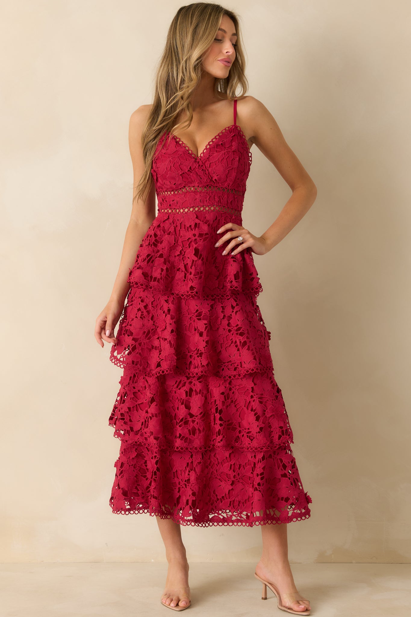 Front-facing image highlighting the sheer red floral lace overlay layered over the matching red lining.